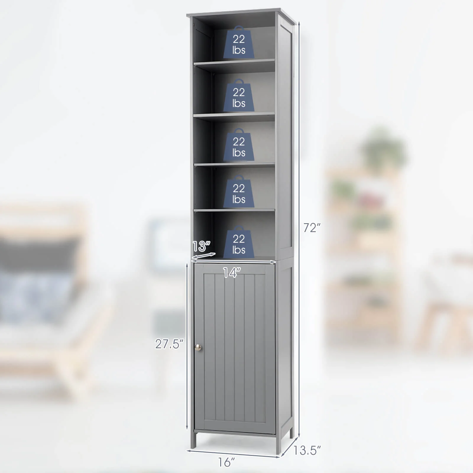 72 Inches Tall Floor Bathroom Storage Cabinet, Gray - Image 5