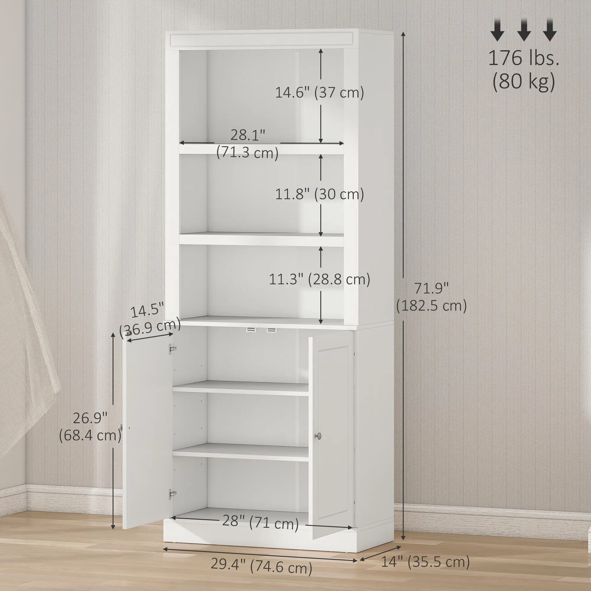 72" Kitchen Buffet, Hutch, Freestanding Cupboard, Wood Grain, White - Image 3