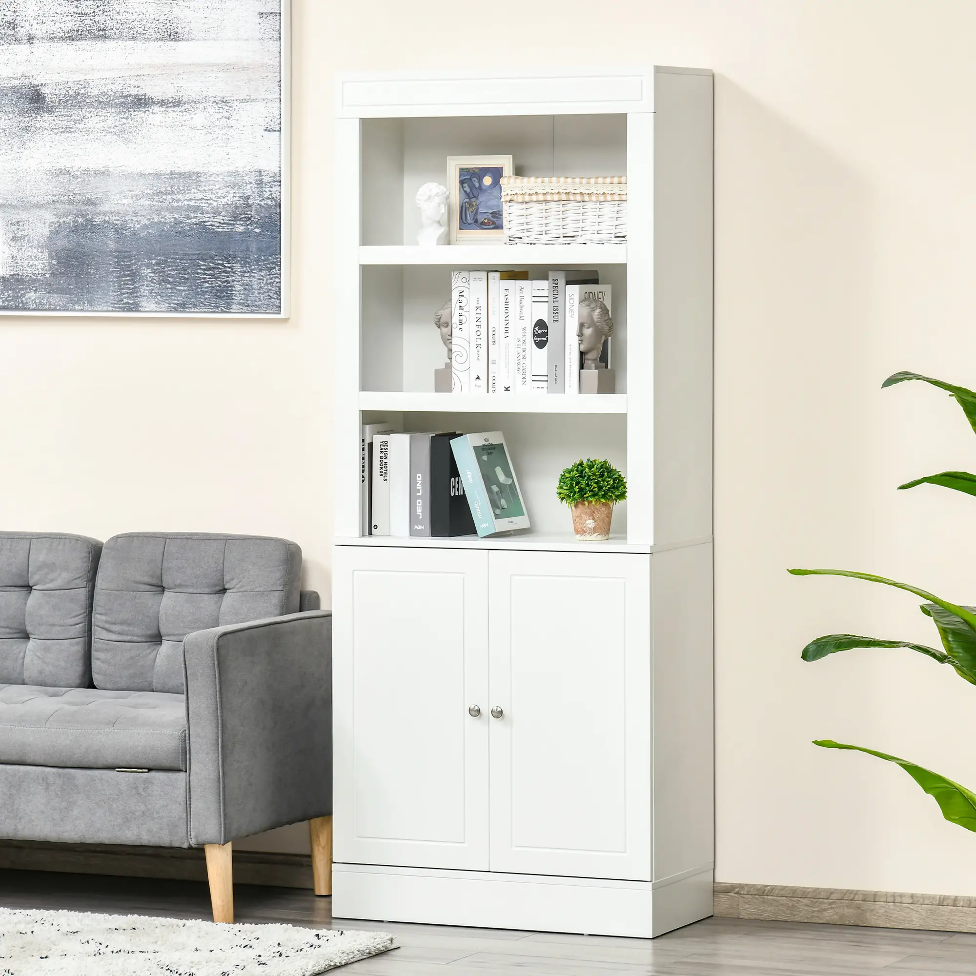 72" Kitchen Buffet, Hutch, Freestanding Cupboard, Wood Grain, White - Image 4