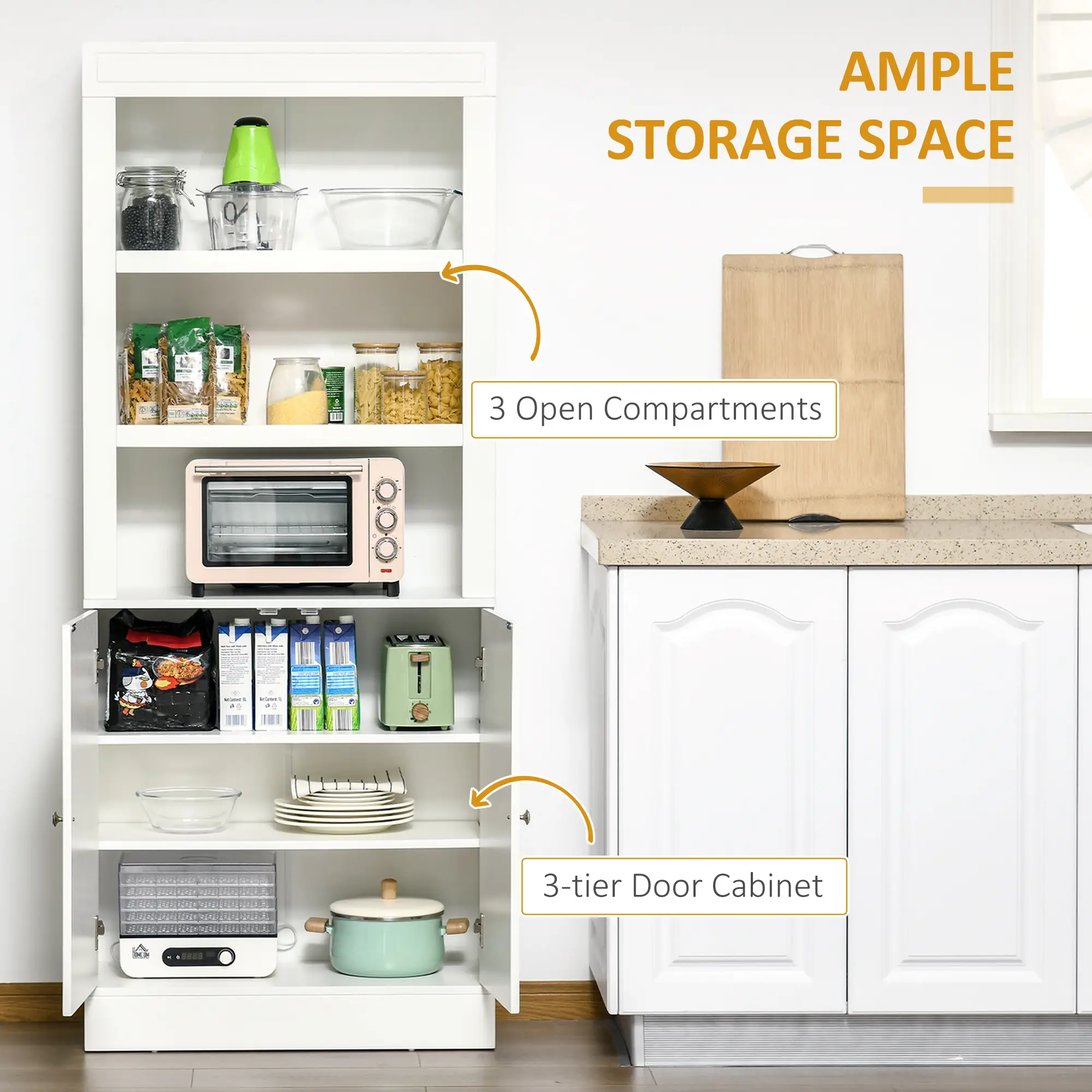 72" Kitchen Buffet, Hutch, Freestanding Cupboard, Wood Grain, White - Image 5