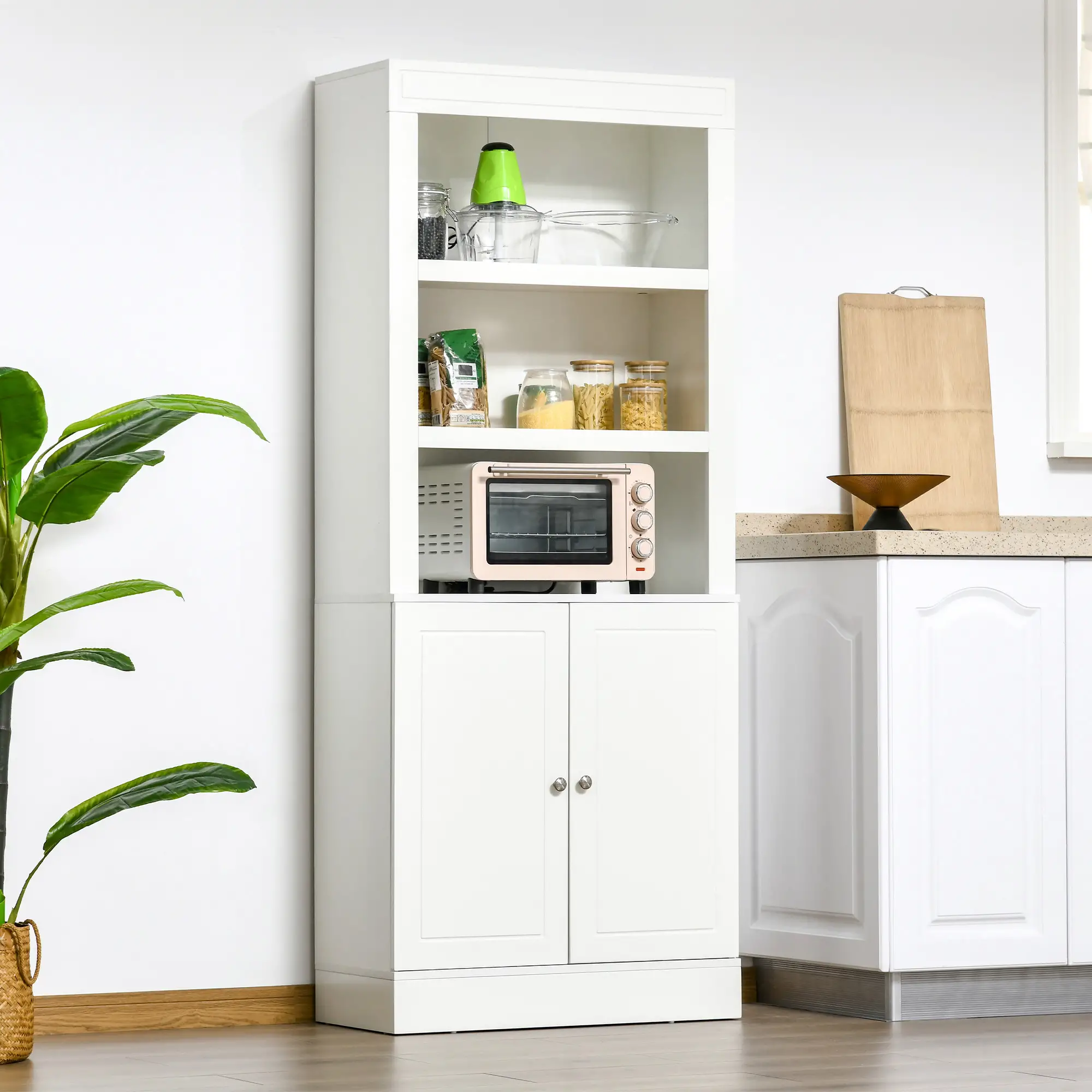 72" Kitchen Buffet, Hutch, Freestanding Cupboard, Wood Grain, White - Image 8