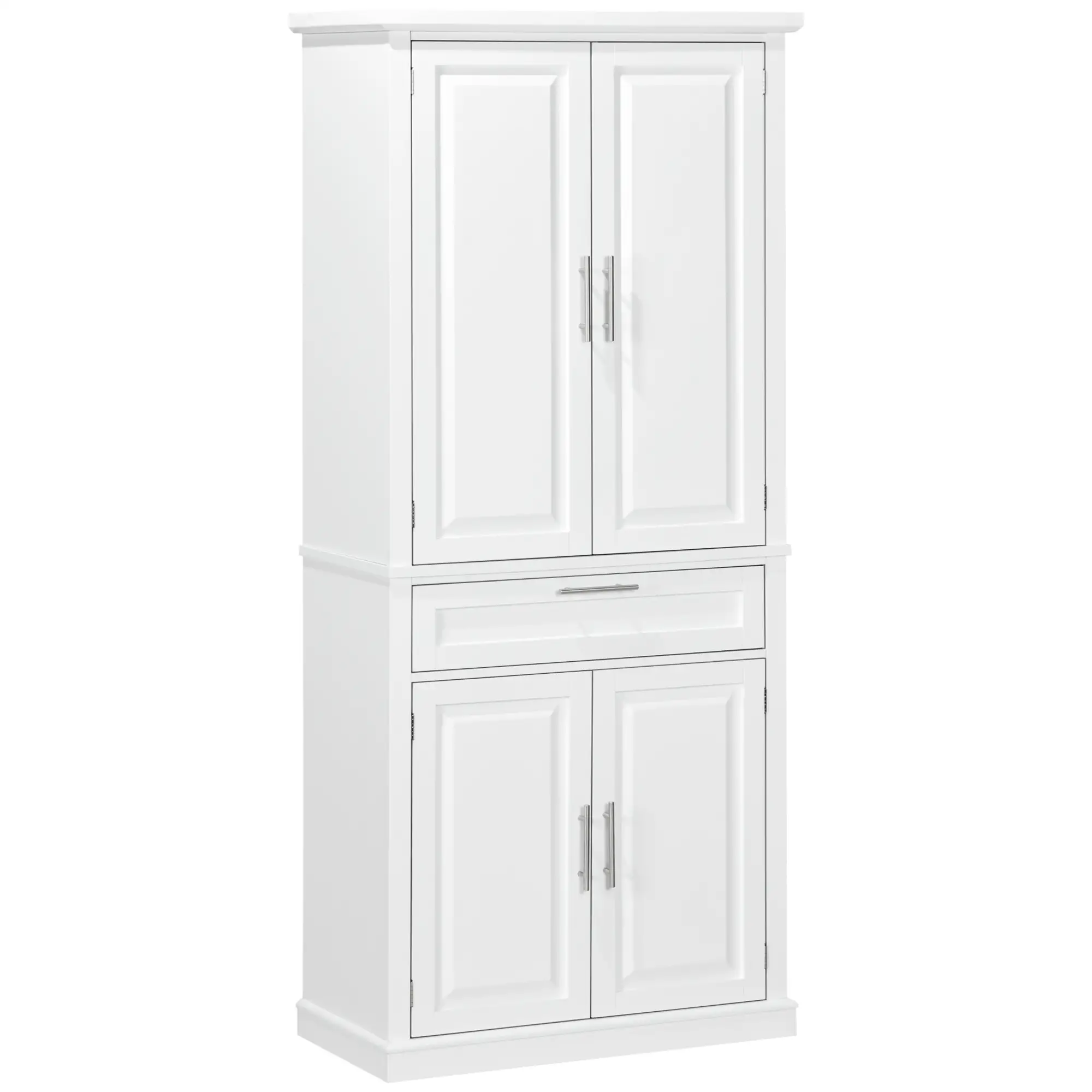 72" Kitchen Pantry Cabinet, 4-Door with Drawer, Adjustable Shelves, White