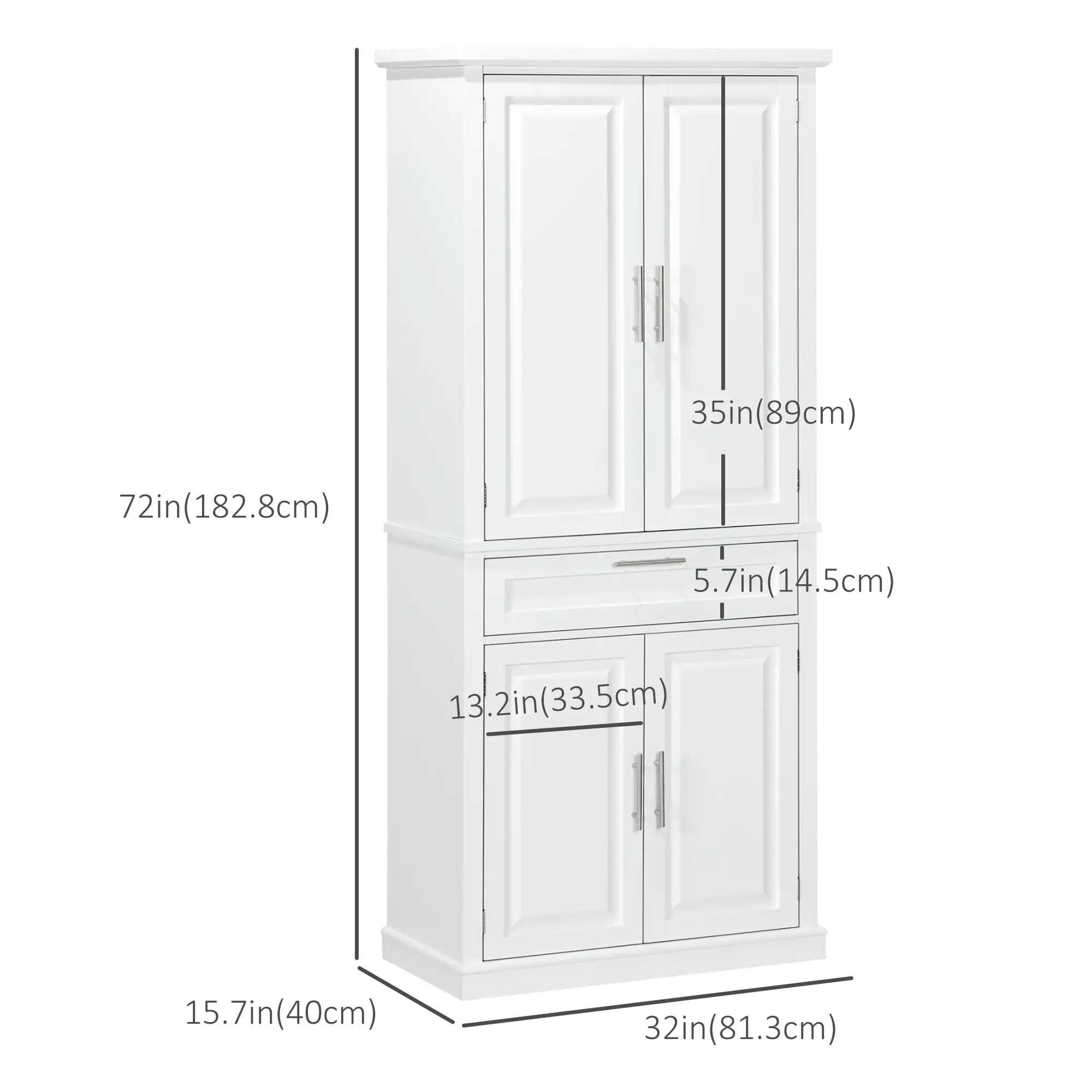 72" Kitchen Pantry Cabinet, 4-Door with Drawer, Adjustable Shelves, White - Image 3