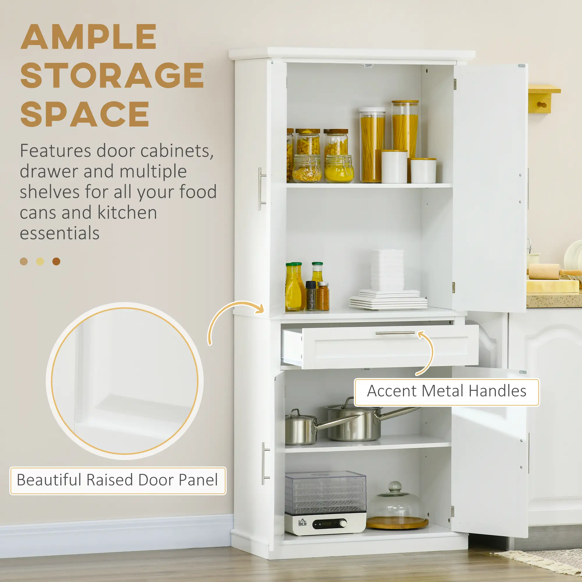 72" Kitchen Pantry Cabinet, 4-Door with Drawer, Adjustable Shelves, White - Image 4