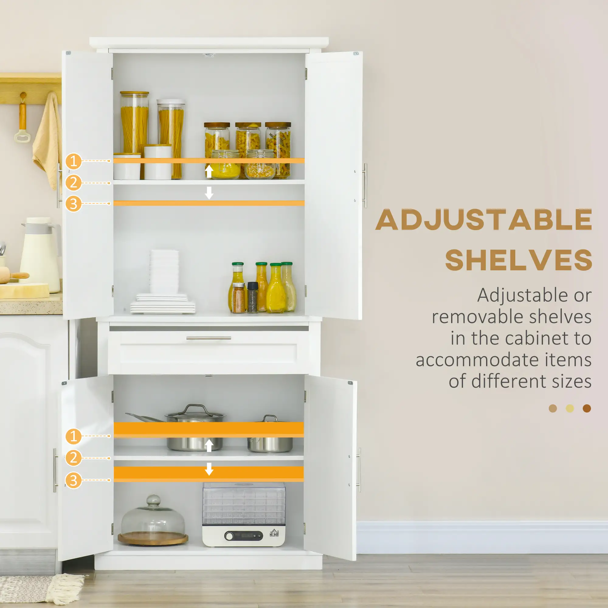 72" Kitchen Pantry Cabinet, 4-Door with Drawer, Adjustable Shelves, White - Image 5