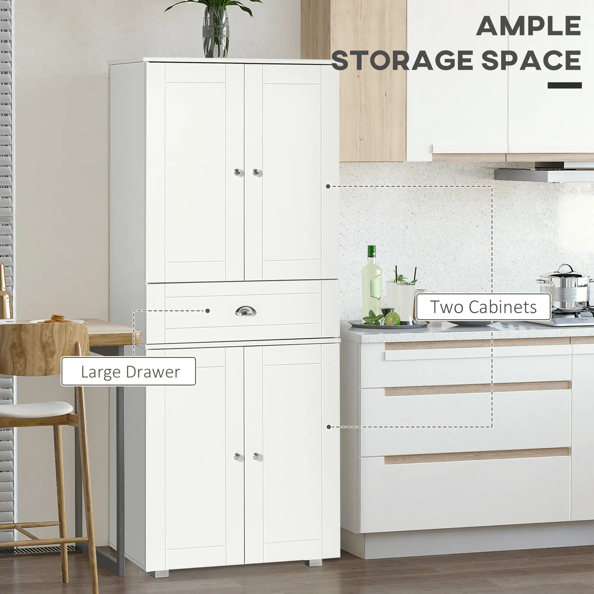 72" Kitchen Pantry Cabinet, 4 Doors, 3 Adjustable Shelves, White - Image 4