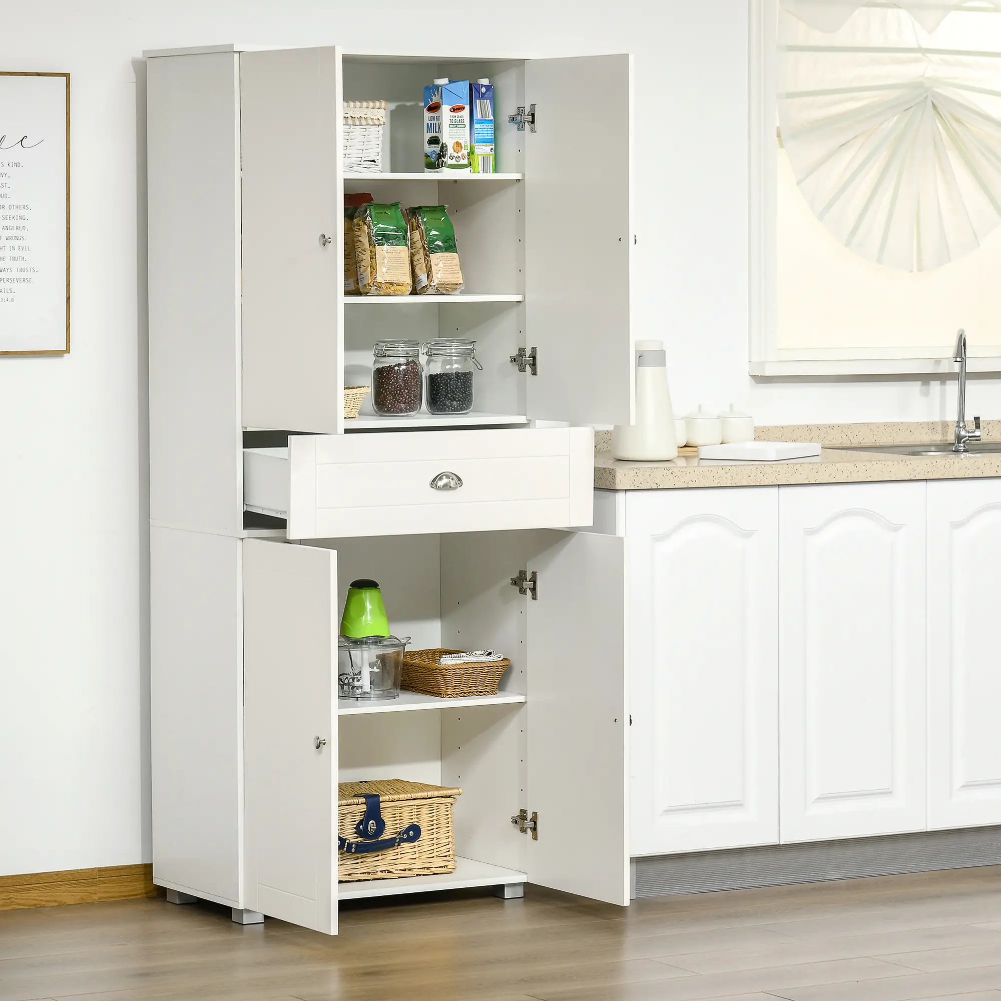 72" Kitchen Pantry Cabinet, 4 Doors, 3 Adjustable Shelves, White - Image 9