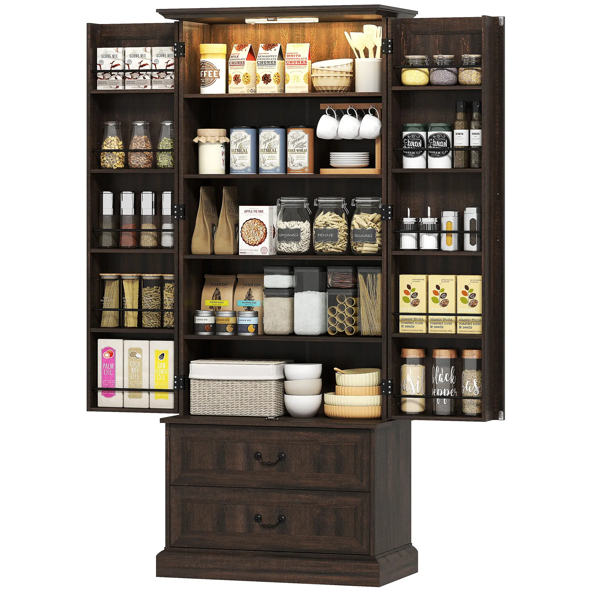 72" Kitchen Pantry Cabinet, 10 Shelves, 2 Drawers, Brown