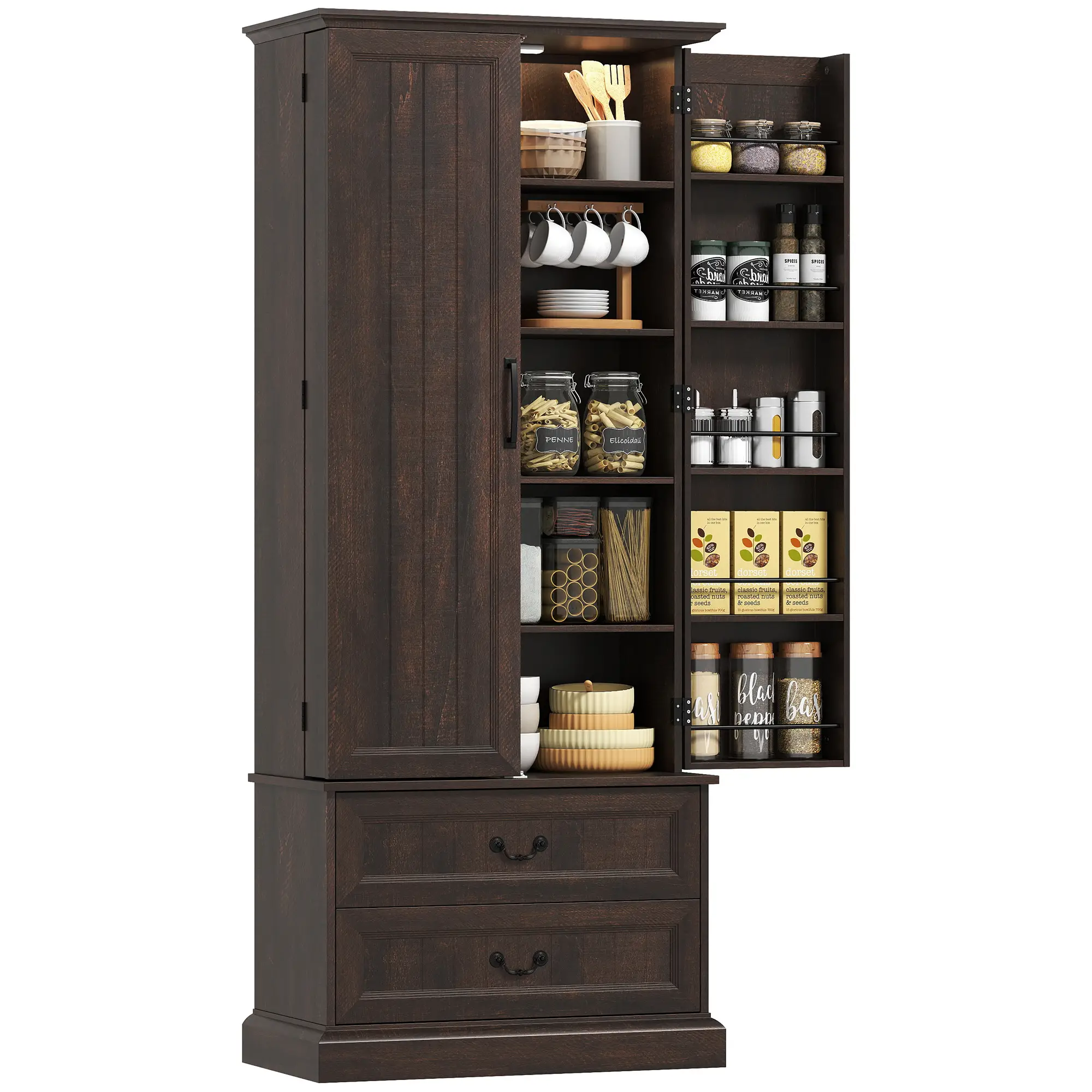 72" Kitchen Pantry Cabinet, 10 Shelves, 2 Drawers, Brown - Image 11