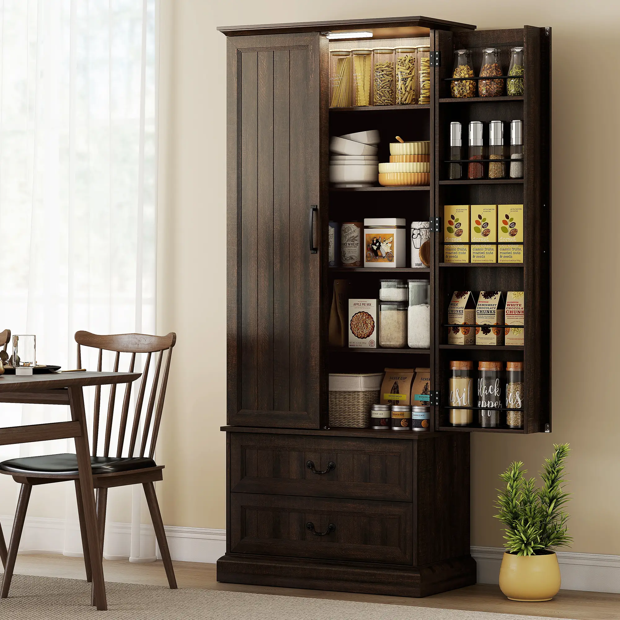 72" Kitchen Pantry Cabinet, 10 Shelves, 2 Drawers, Brown - Image 2