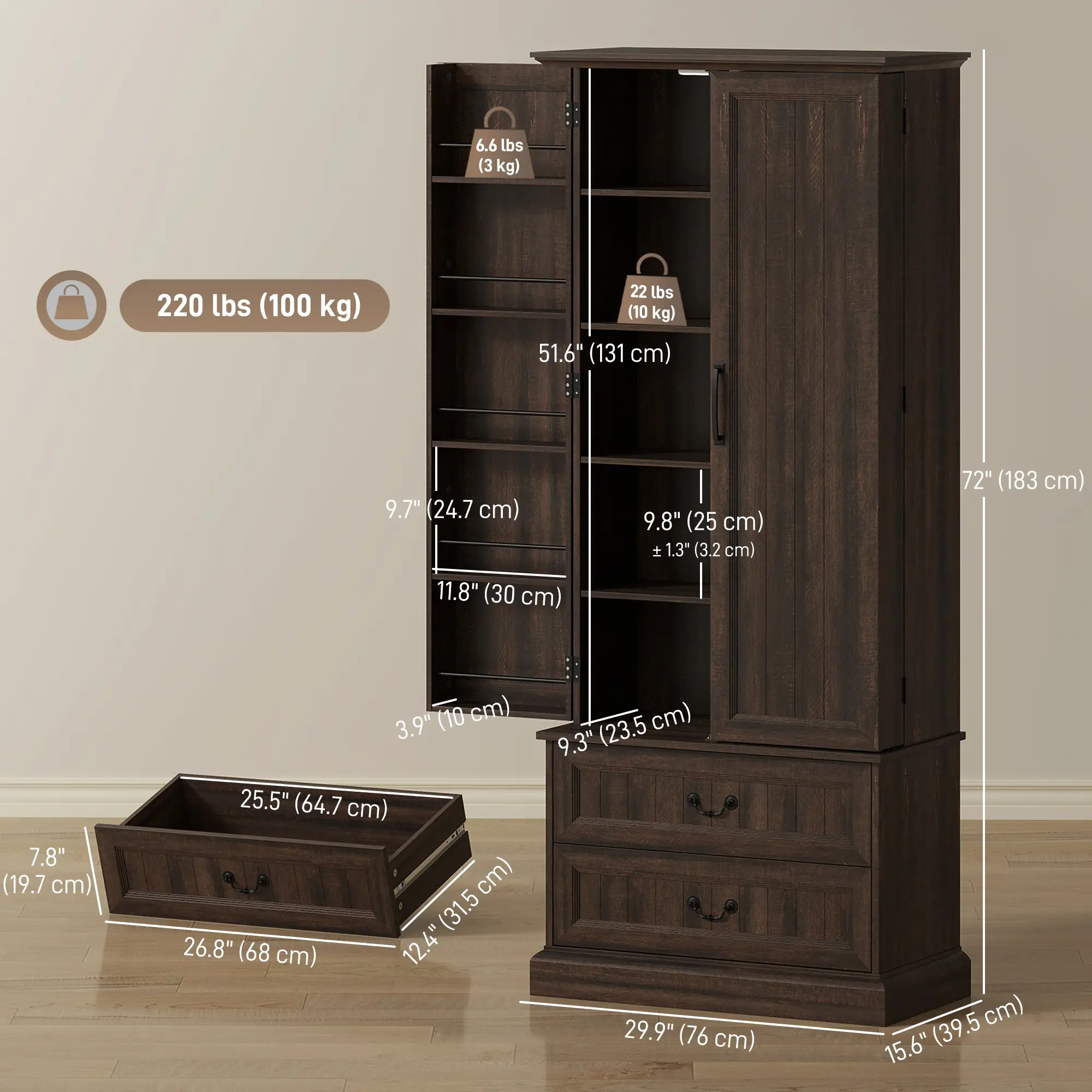 72" Kitchen Pantry Cabinet, 10 Shelves, 2 Drawers, Brown - Image 3