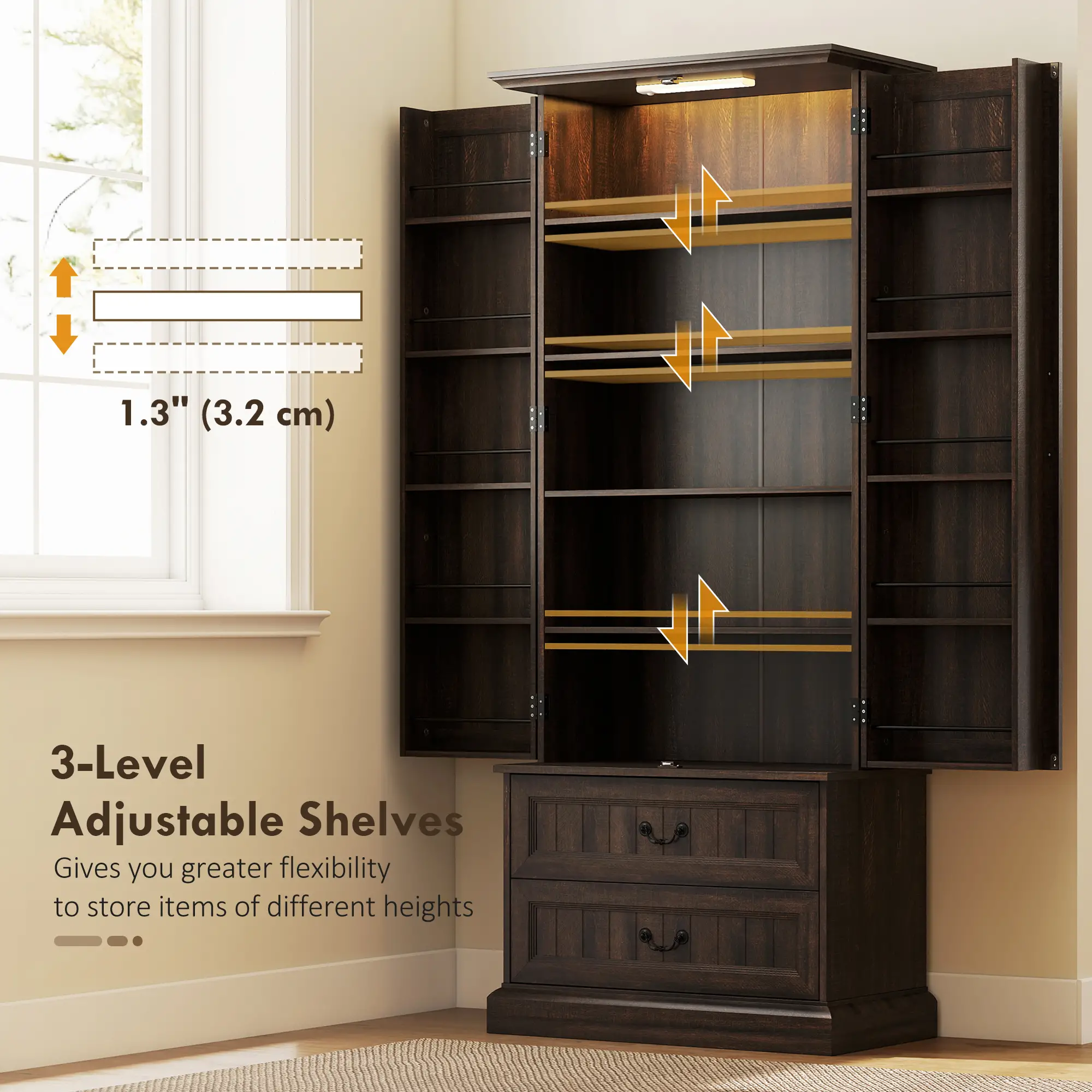 72" Kitchen Pantry Cabinet, 10 Shelves, 2 Drawers, Brown - Image 6