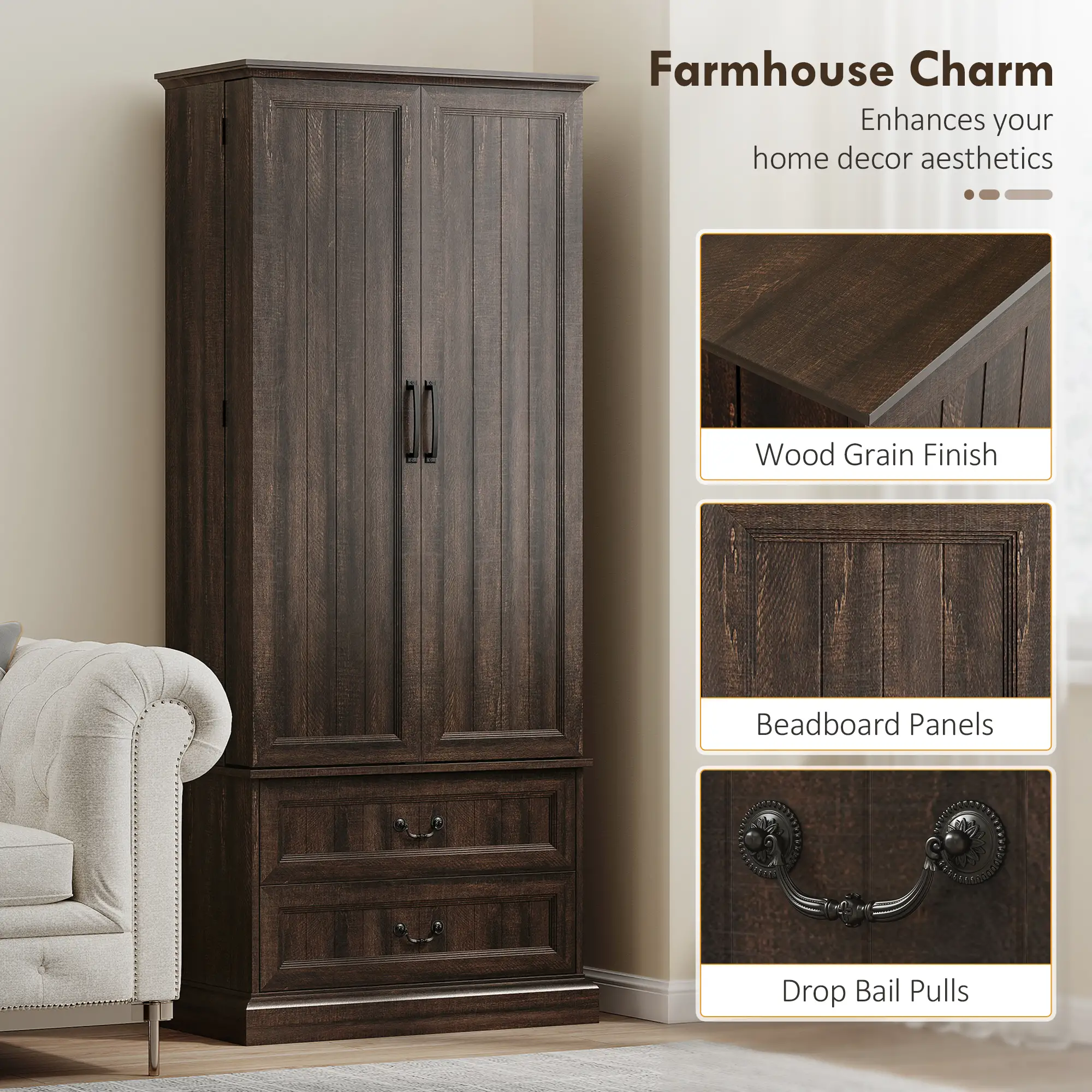 72" Kitchen Pantry Cabinet, 10 Shelves, 2 Drawers, Brown - Image 7