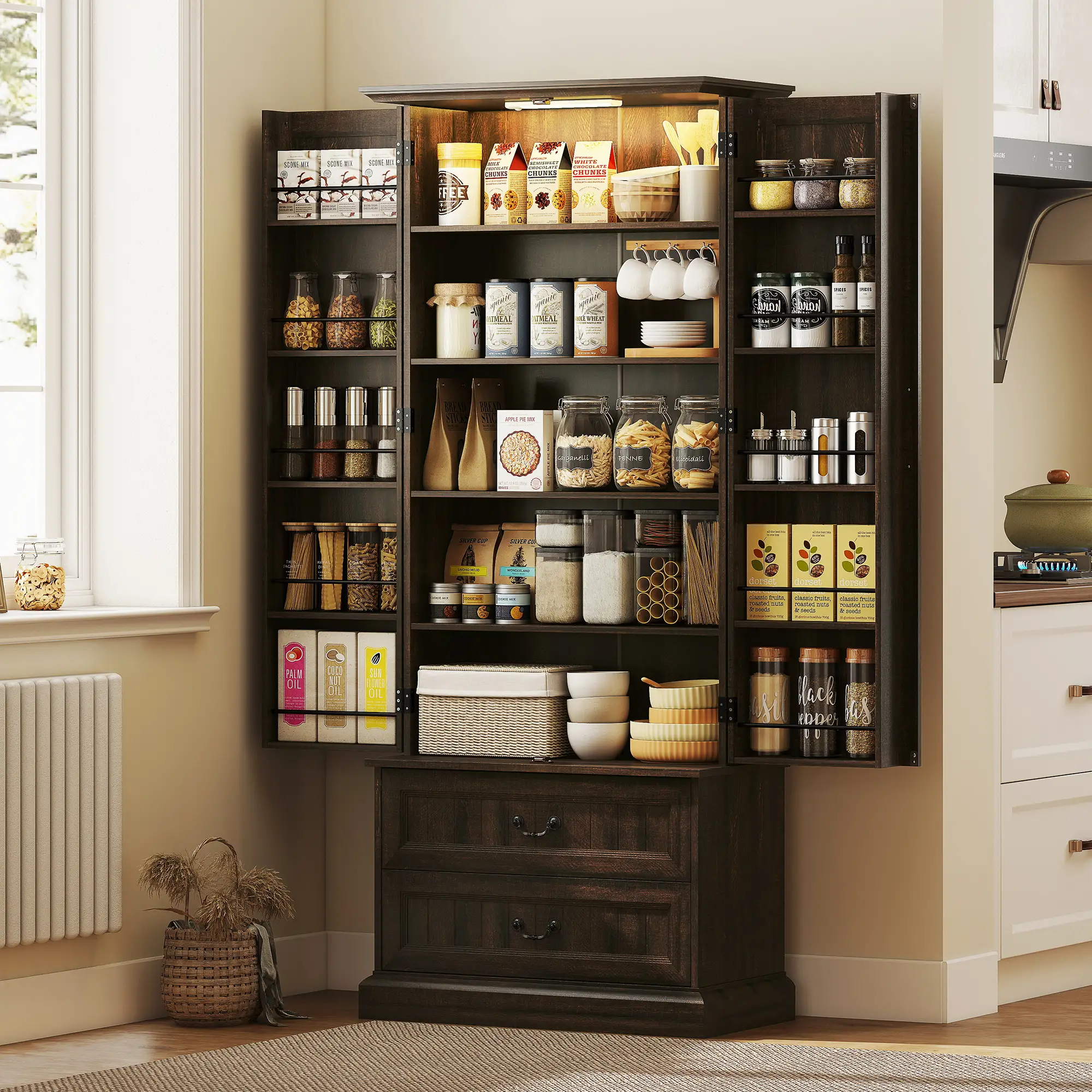 72" Kitchen Pantry Cabinet, 10 Shelves, 2 Drawers, Brown - Image 8