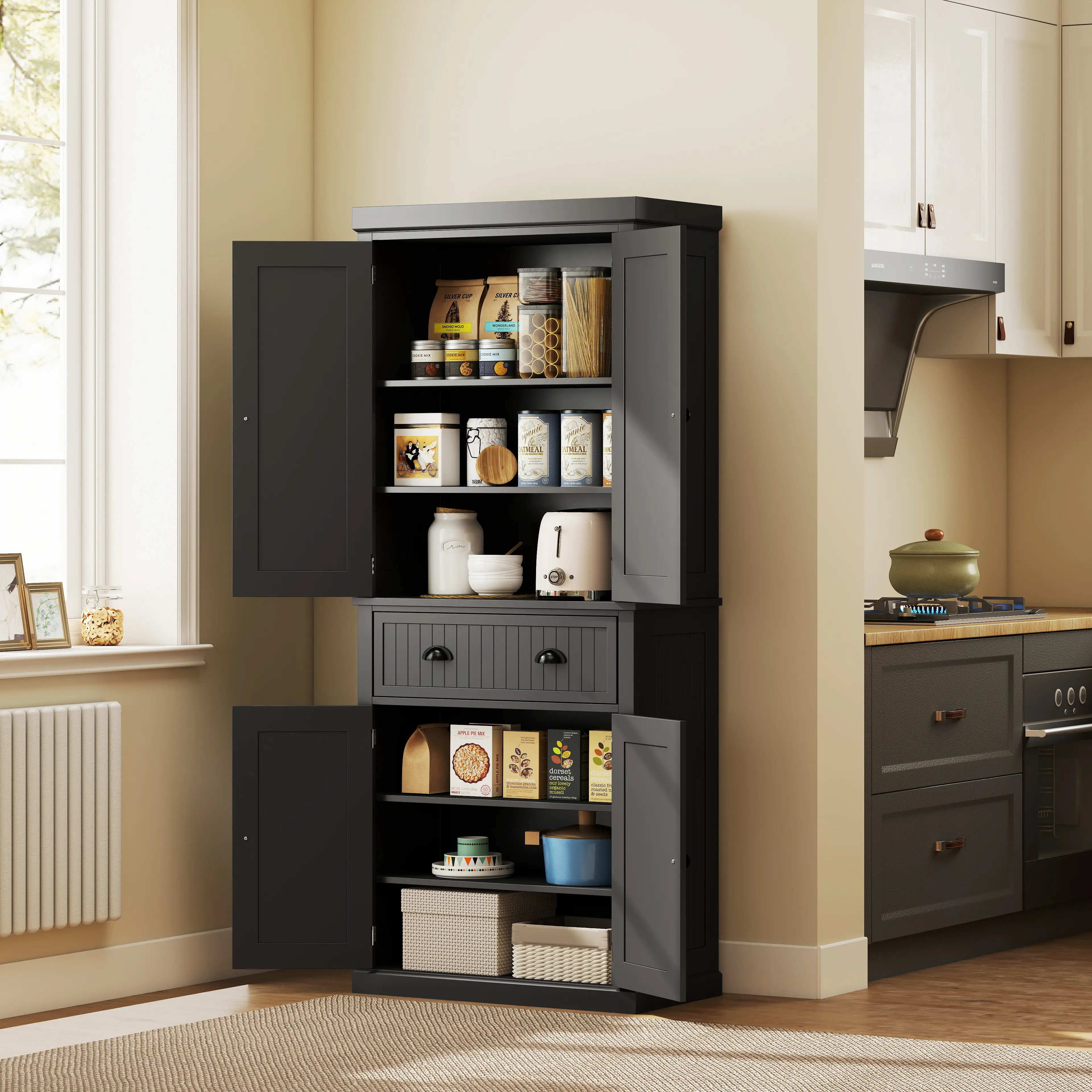 72 Kitchen Pantry, Freestanding Storage Cabinet, Black - Image 2