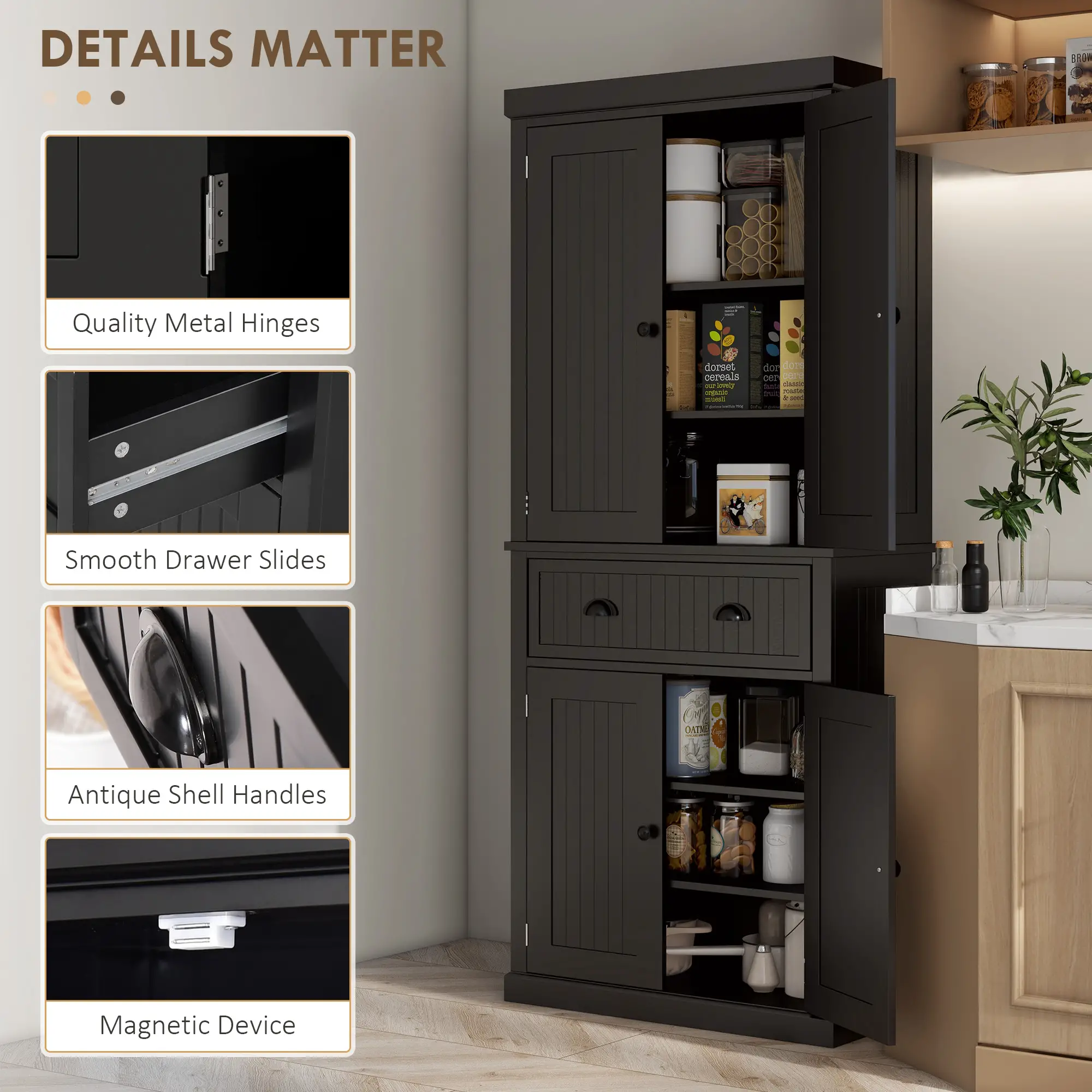 72 Kitchen Pantry, Freestanding Storage Cabinet, Black - Image 7