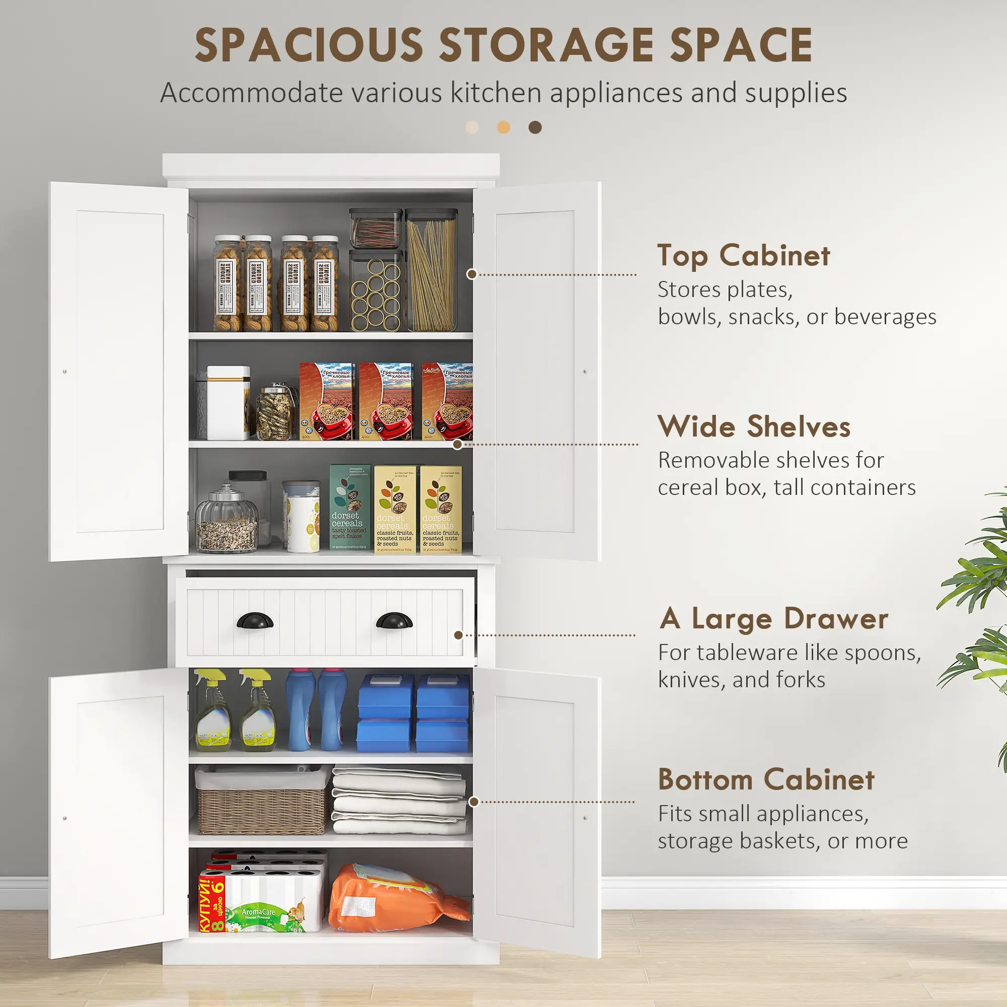 72" Kitchen Pantry, Freestanding Storage Cabinet, White - Image 4
