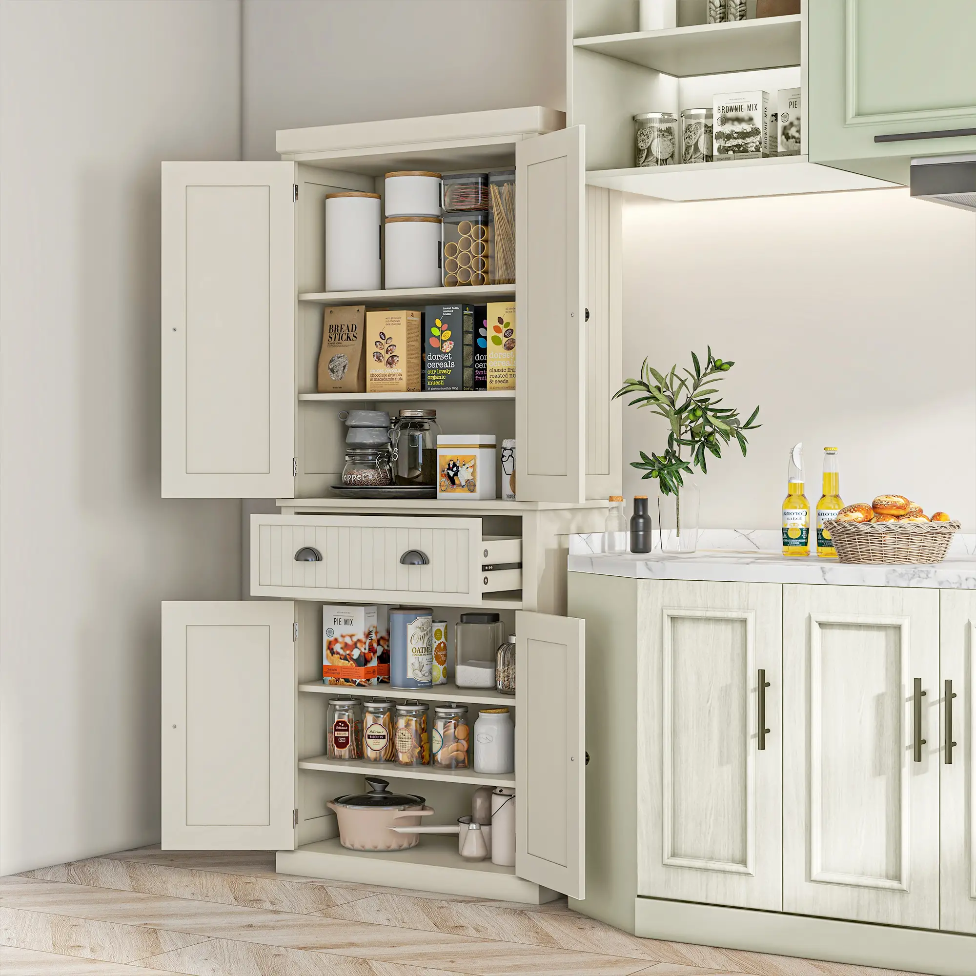 72" Kitchen Pantry, Storage Cabinet with Drawer, Doors, Cream White - Image 2
