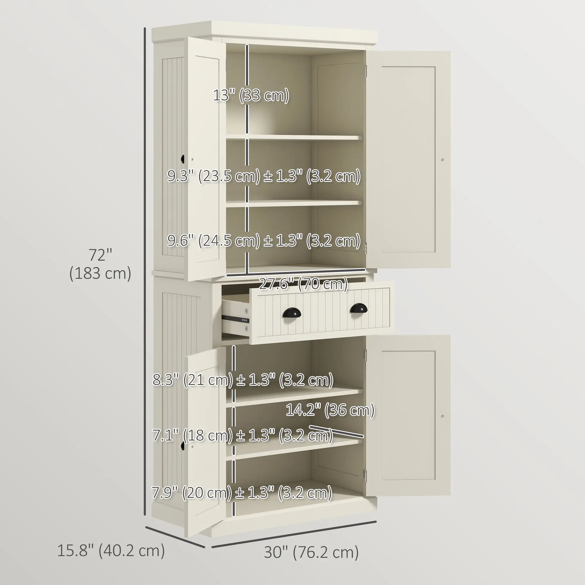 72" Kitchen Pantry, Storage Cabinet with Drawer, Doors, Cream White - Image 3