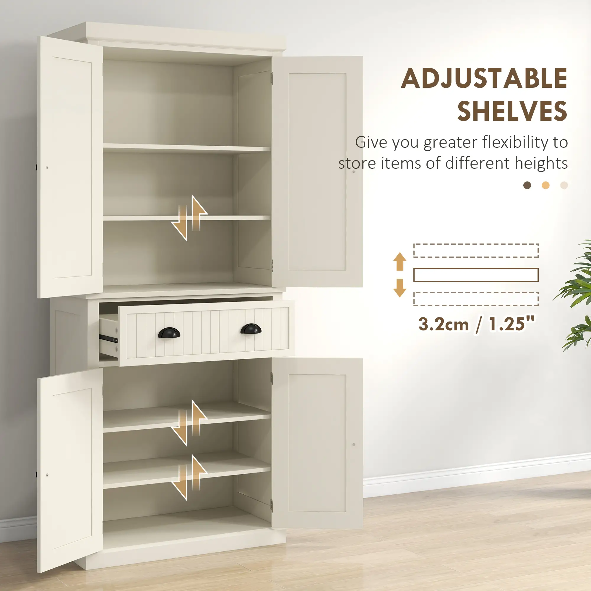72" Kitchen Pantry, Storage Cabinet with Drawer, Doors, Cream White - Image 5