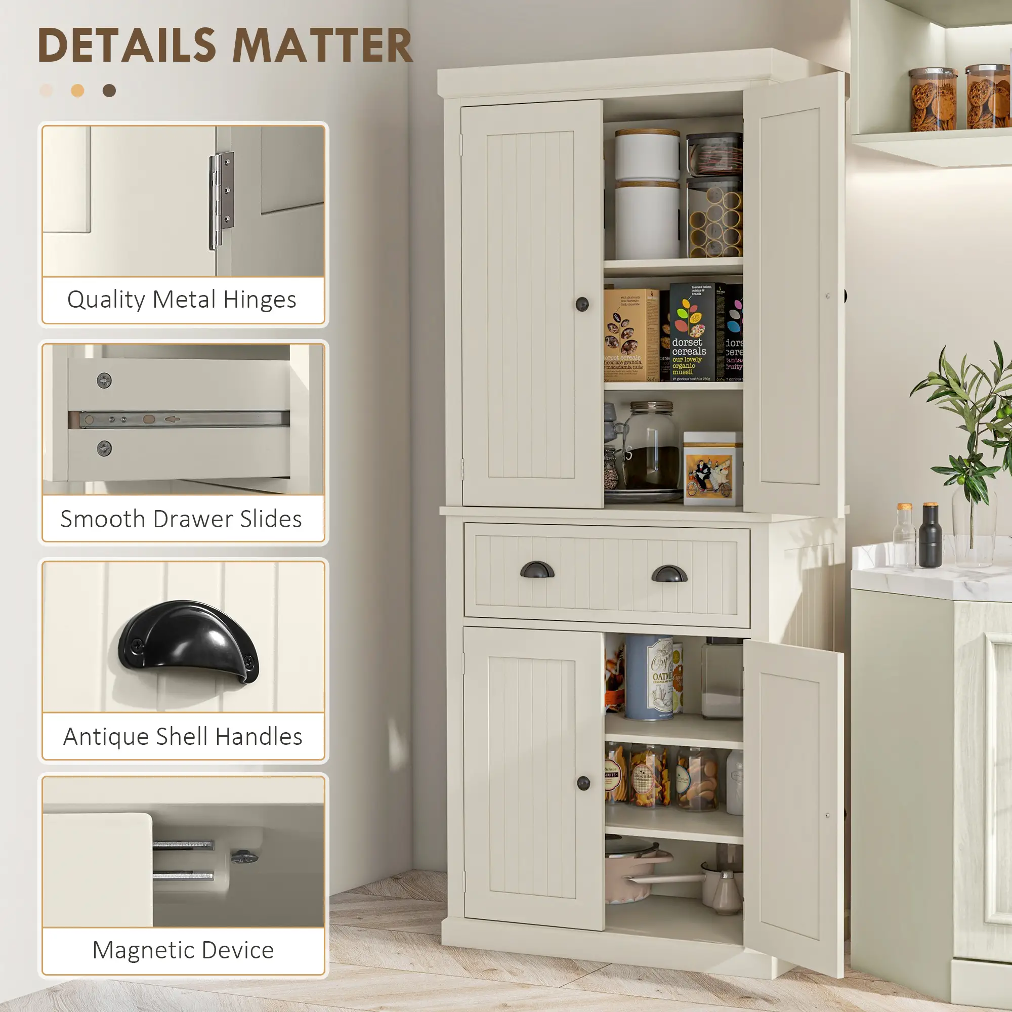 72" Kitchen Pantry, Storage Cabinet with Drawer, Doors, Cream White - Image 7