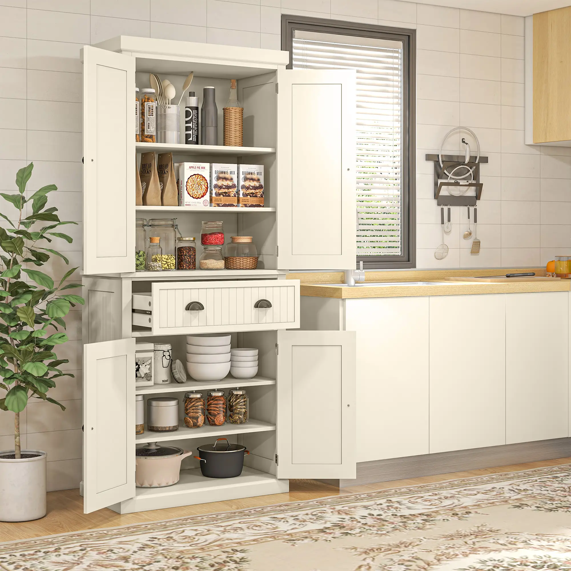 72" Kitchen Pantry, Storage Cabinet with Drawer, Doors, Cream White - Image 8