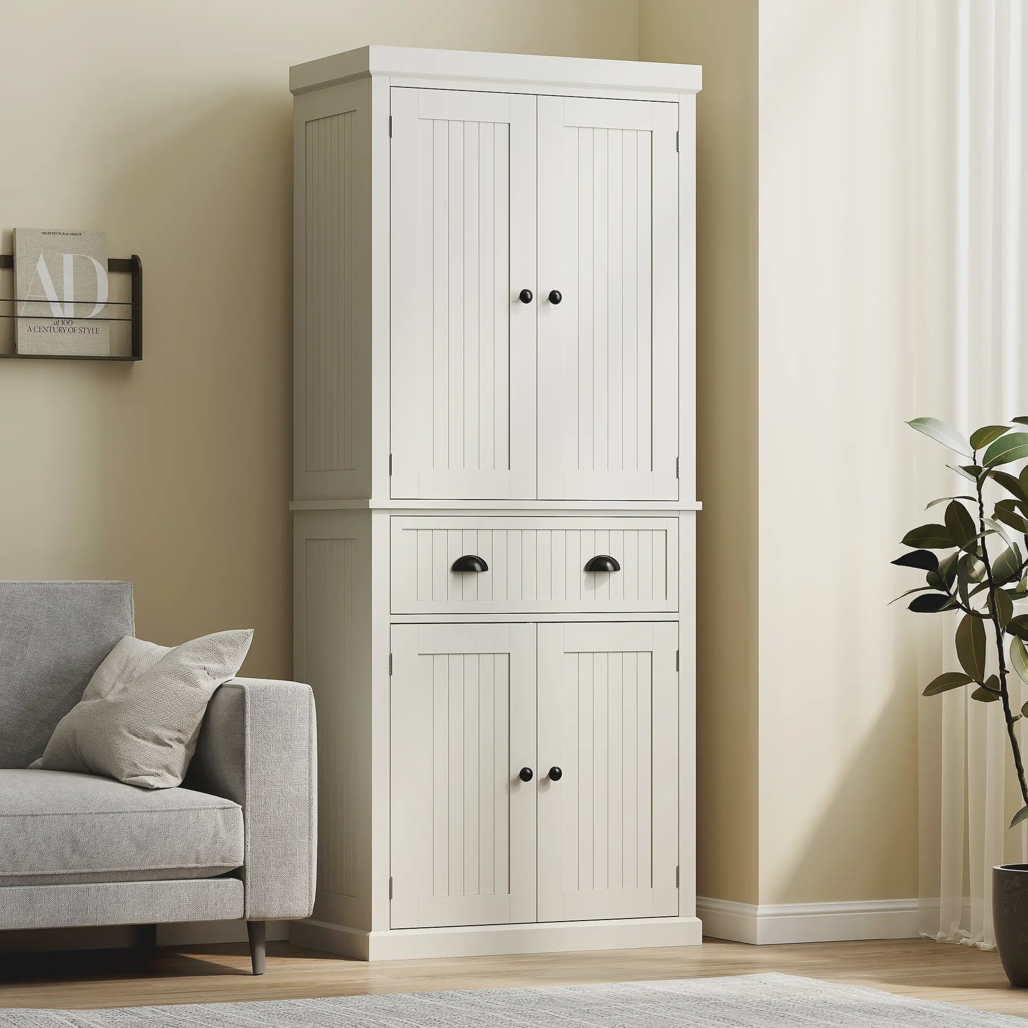 72" Kitchen Pantry, Storage Cabinet with Drawer, Doors, Cream White - Image 9