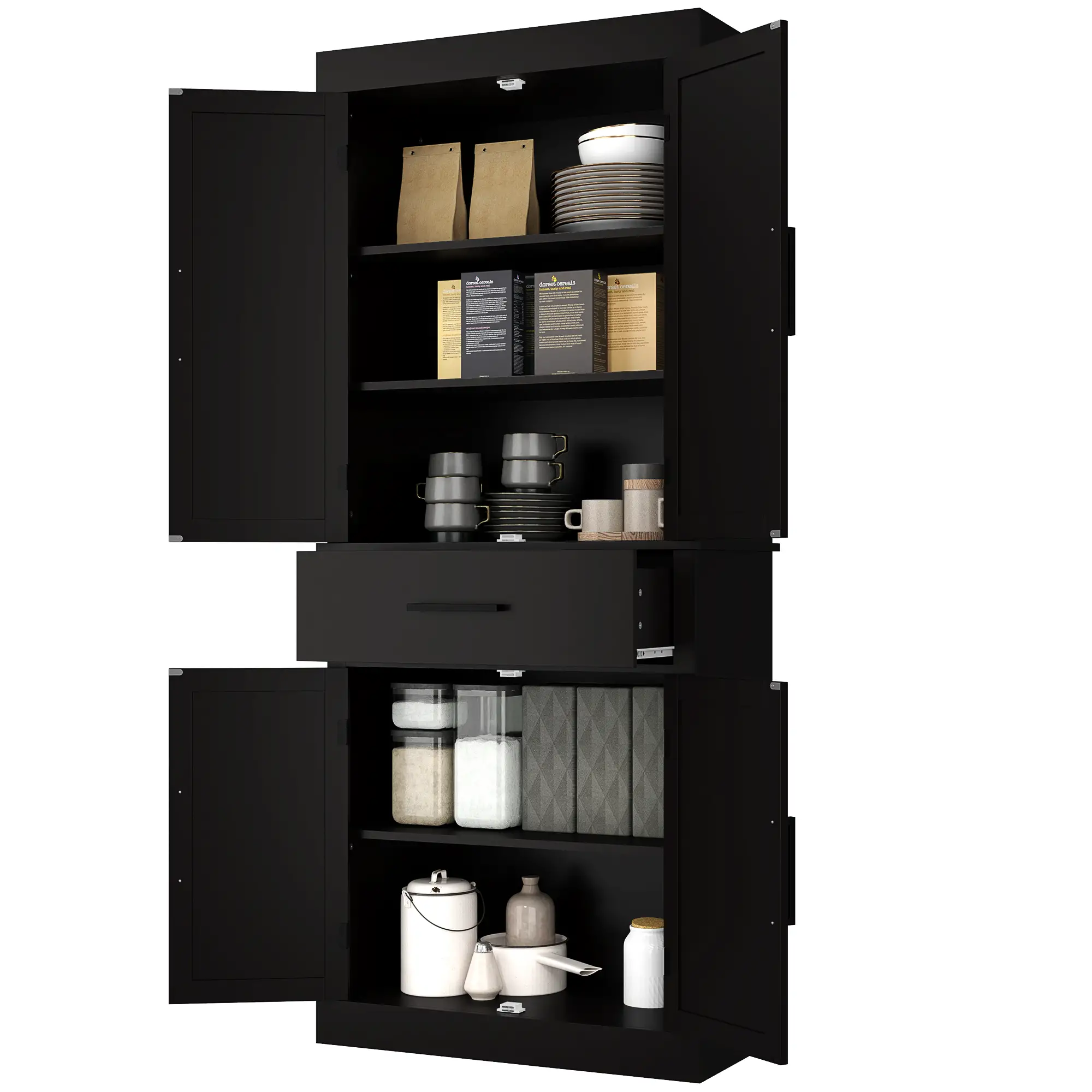 72" Kitchen Storage Cabinet, Farmhouse Pantry, 4 Barn Doors, Drawer, Adjustable Shelves, Black