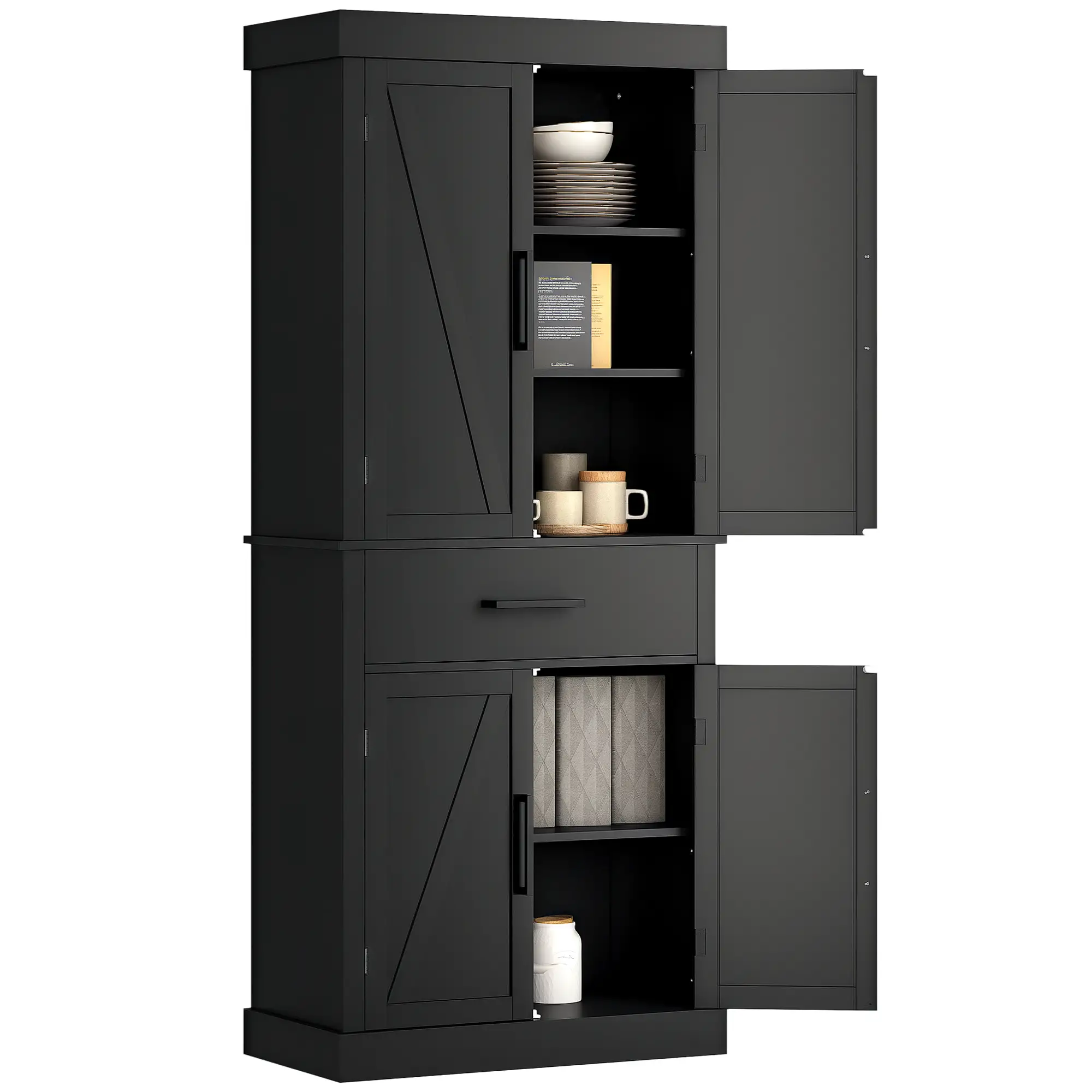 72" Kitchen Storage Cabinet, Farmhouse Pantry, 4 Barn Doors, Drawer, Adjustable Shelves, Black - Image 11
