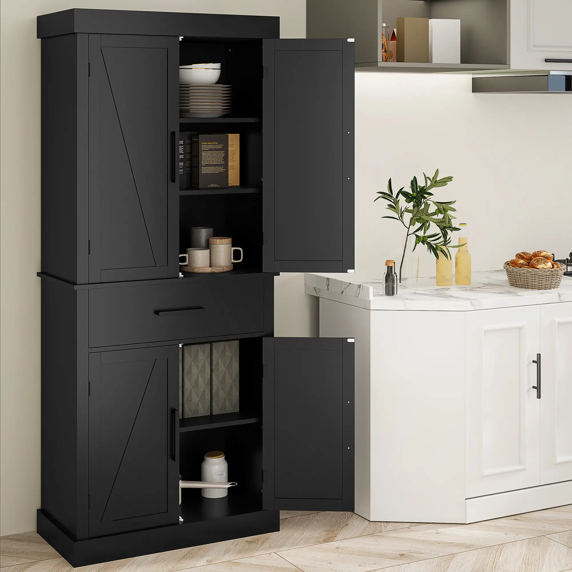 72" Kitchen Storage Cabinet, Farmhouse Pantry, 4 Barn Doors, Drawer, Adjustable Shelves, Black - Image 2