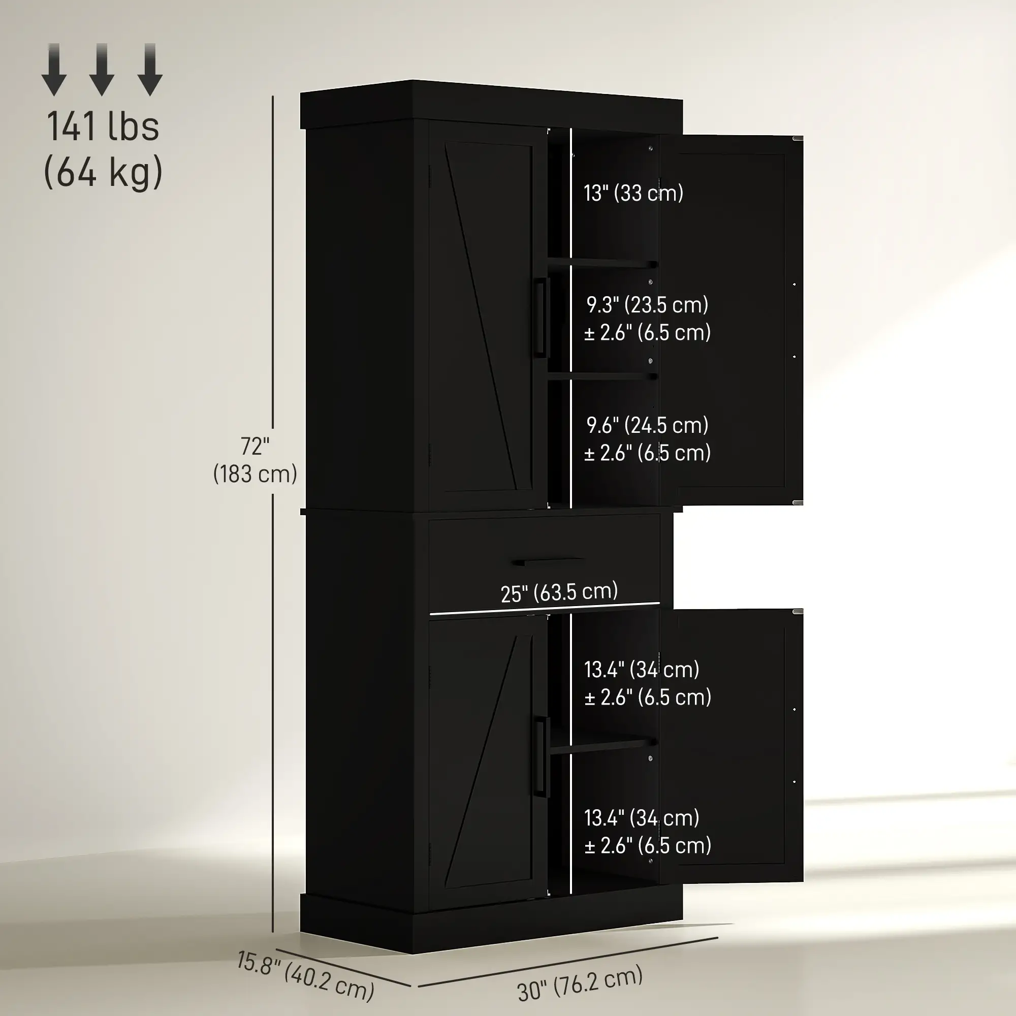 72" Kitchen Storage Cabinet, Farmhouse Pantry, 4 Barn Doors, Drawer, Adjustable Shelves, Black - Image 3