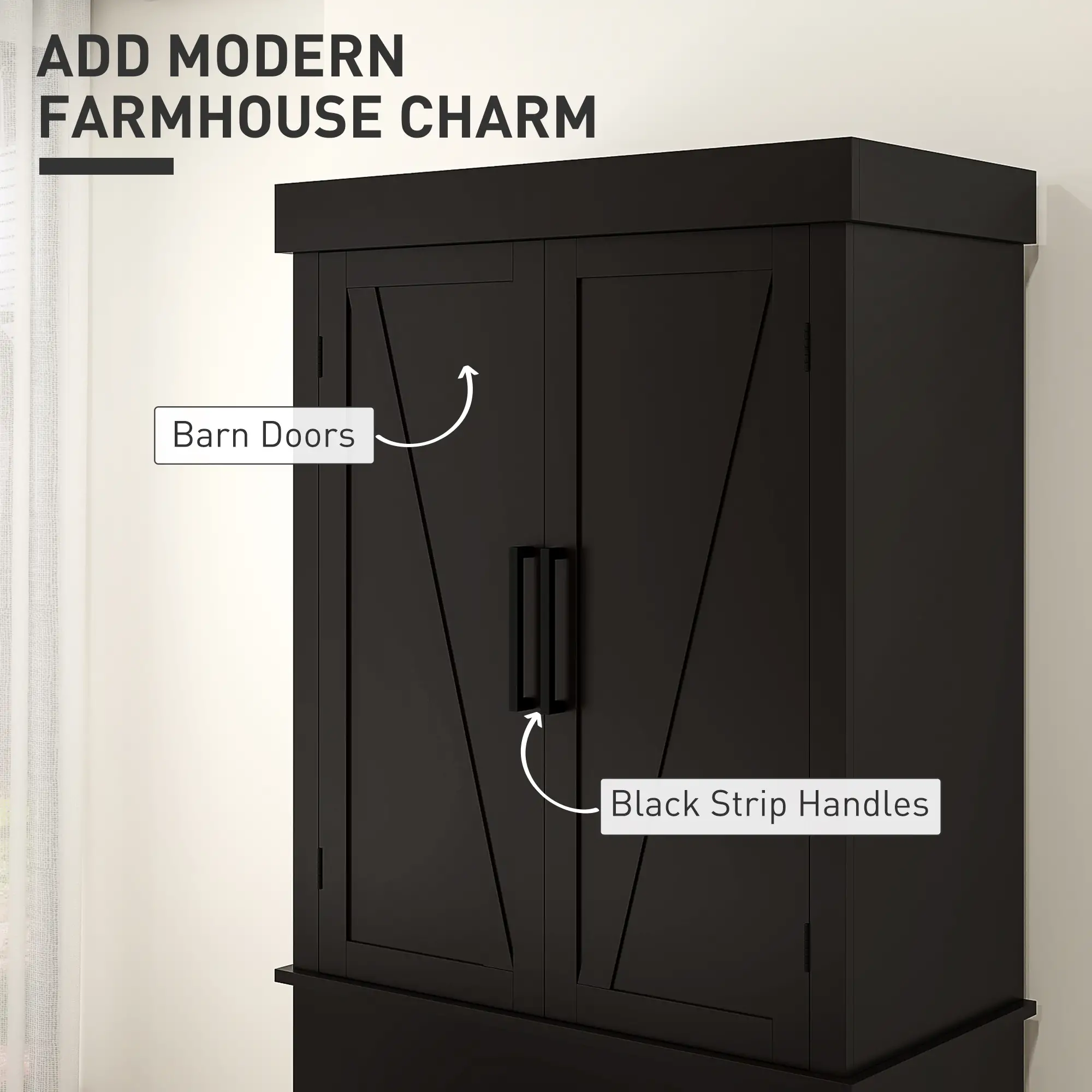 72" Kitchen Storage Cabinet, Farmhouse Pantry, 4 Barn Doors, Drawer, Adjustable Shelves, Black - Image 4