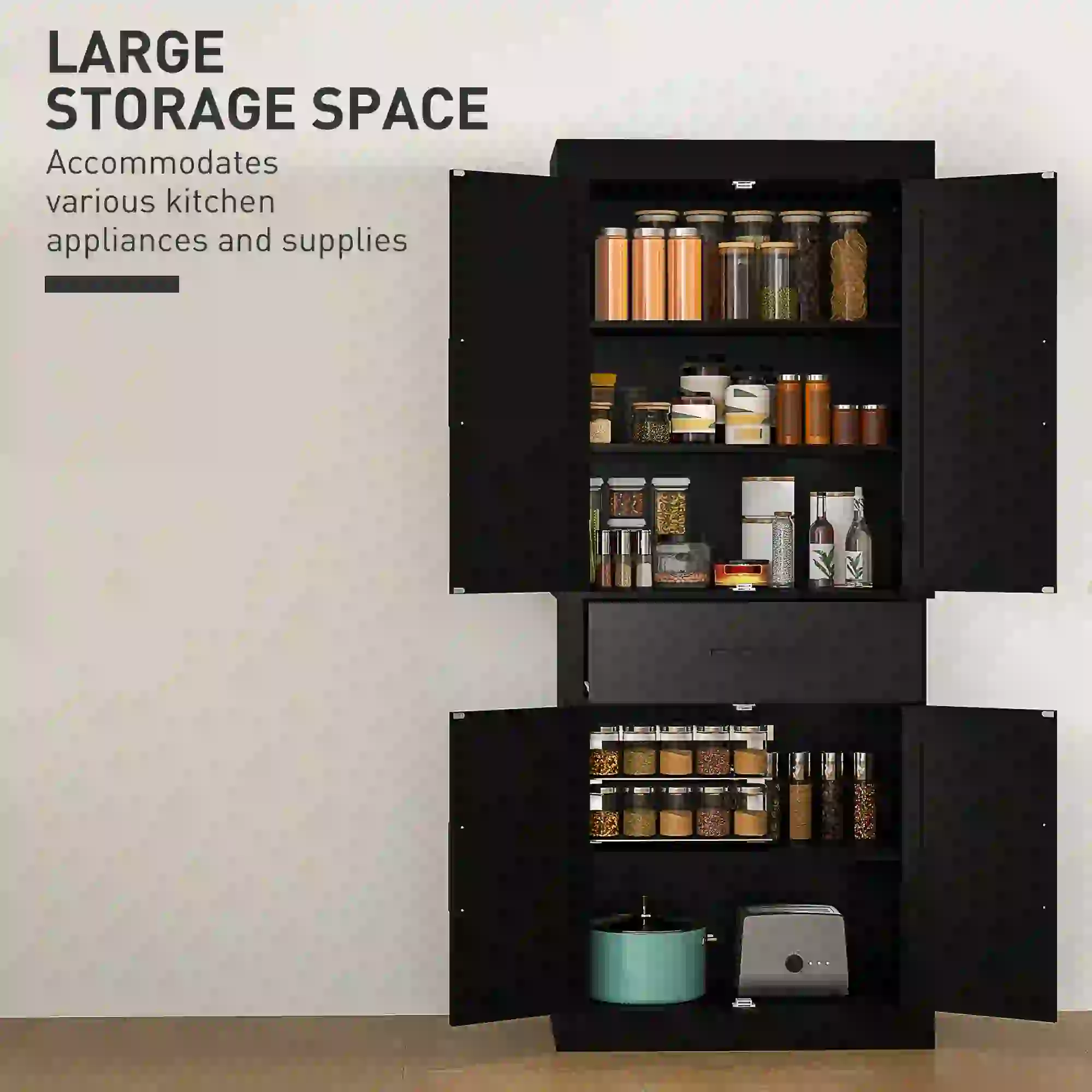 72" Kitchen Storage Cabinet, Farmhouse Pantry, 4 Barn Doors, Drawer, Adjustable Shelves, Black - Image 5