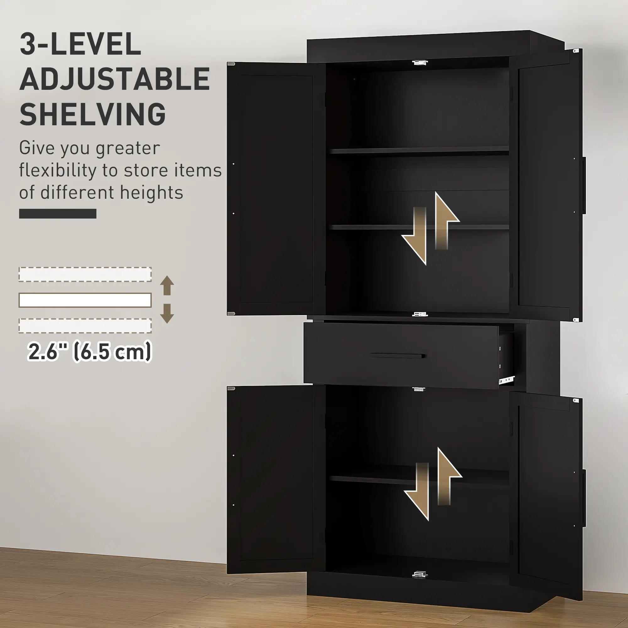 72" Kitchen Storage Cabinet, Farmhouse Pantry, 4 Barn Doors, Drawer, Adjustable Shelves, Black - Image 6