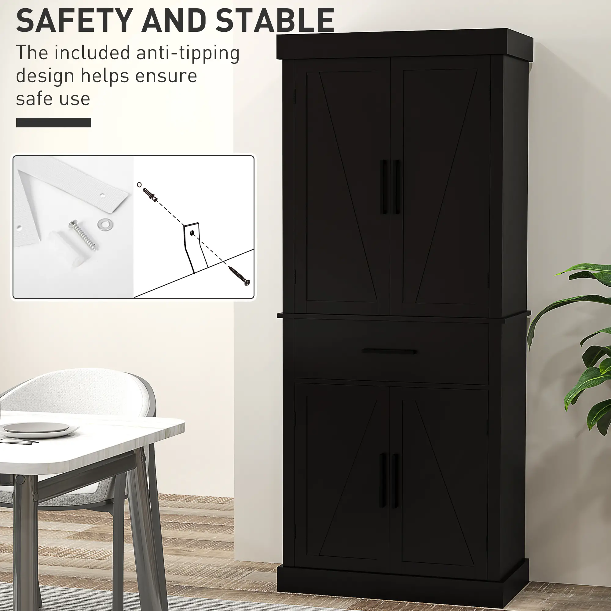 72" Kitchen Storage Cabinet, Farmhouse Pantry, 4 Barn Doors, Drawer, Adjustable Shelves, Black - Image 7