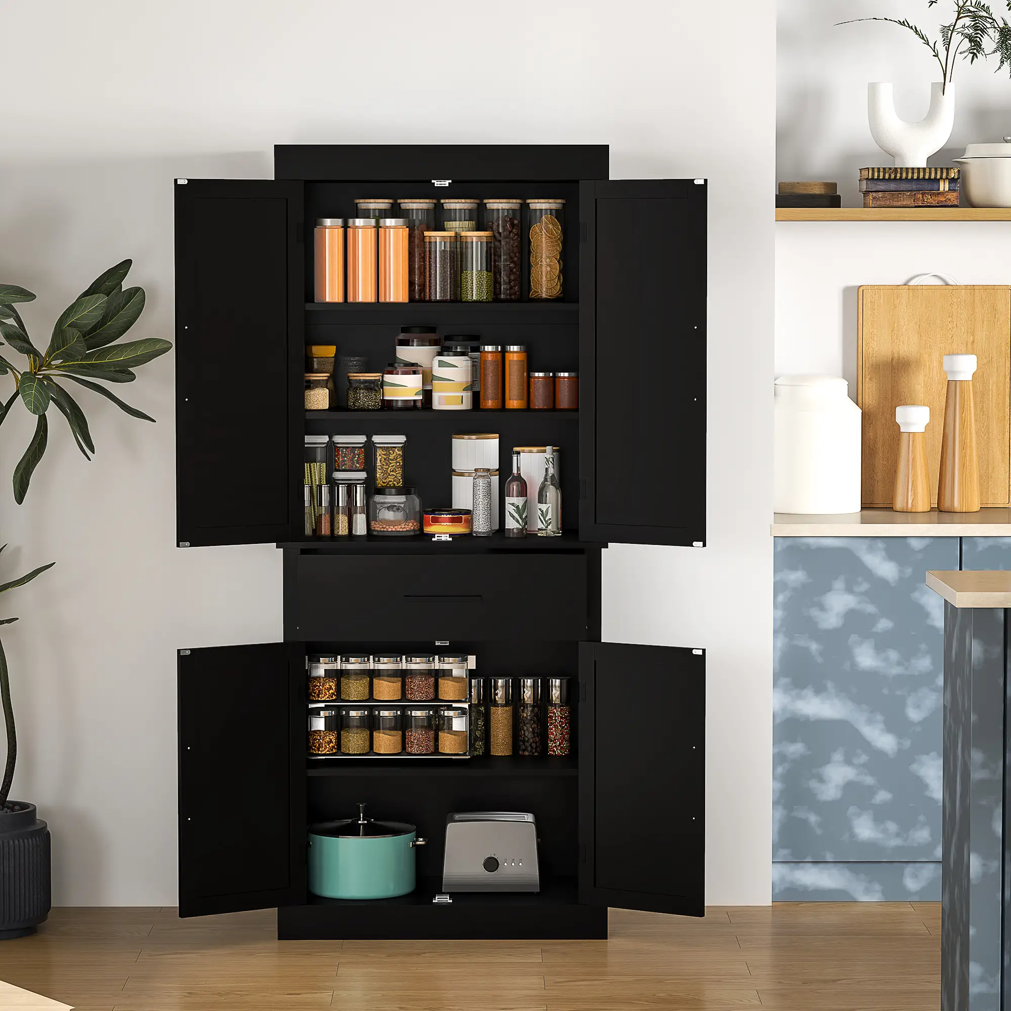 72" Kitchen Storage Cabinet, Farmhouse Pantry, 4 Barn Doors, Drawer, Adjustable Shelves, Black - Image 8
