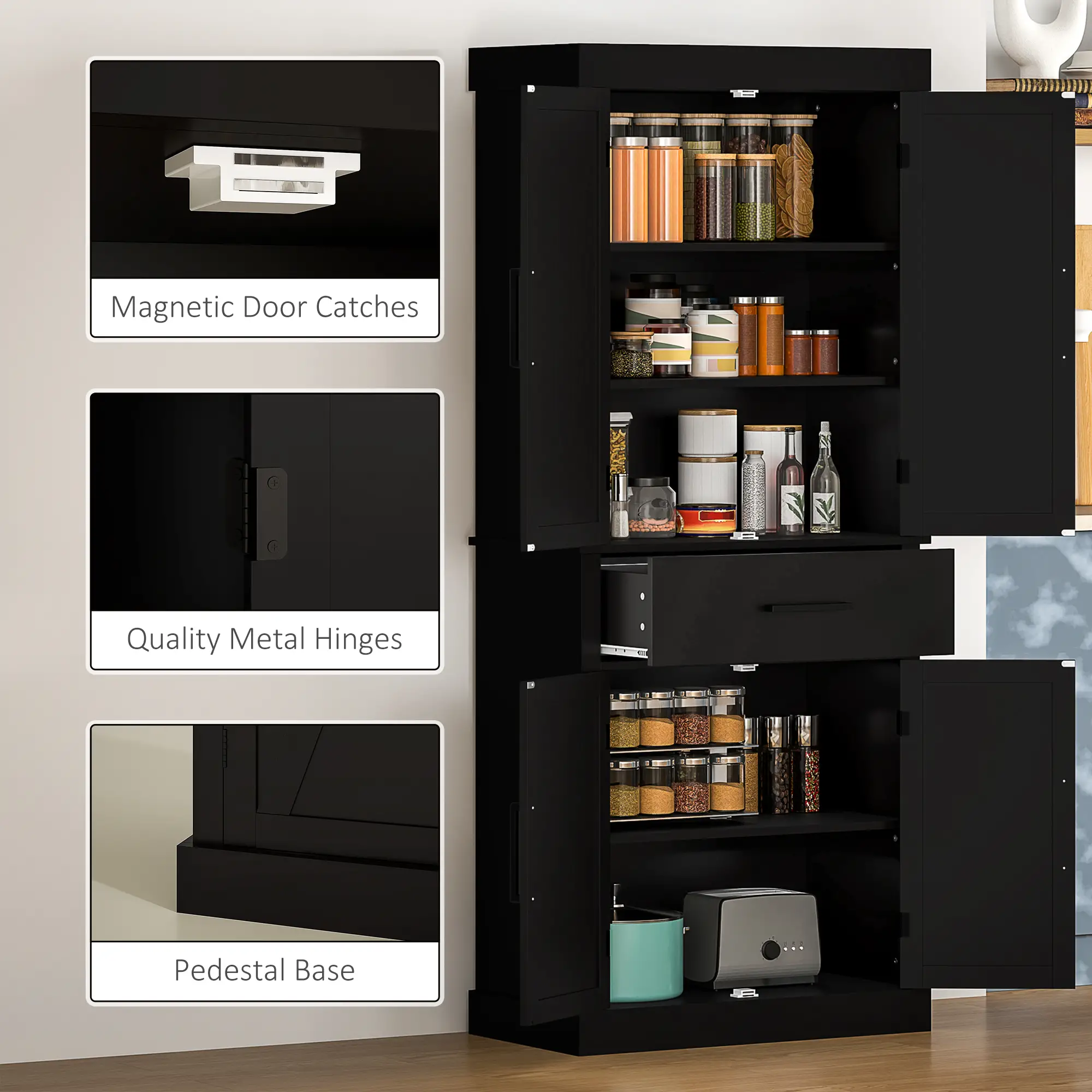 72" Kitchen Storage Cabinet, Farmhouse Pantry, 4 Barn Doors, Drawer, Adjustable Shelves, Black - Image 9
