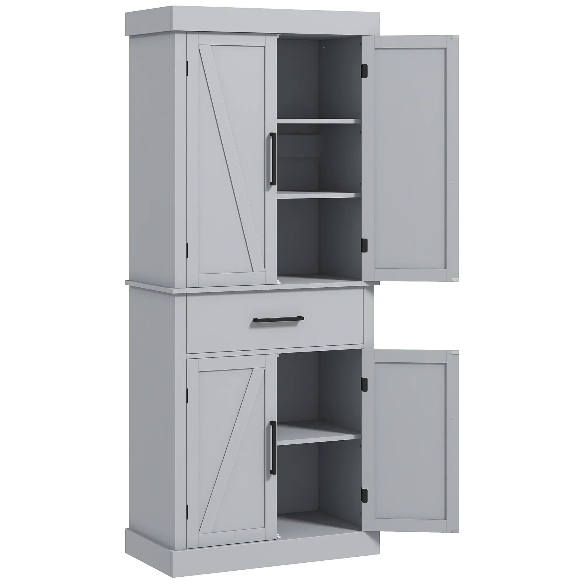 72" Kitchen Storage Cabinet, Farmhouse Pantry, 4 Barn Doors, Drawer, Adjustable Shelves, Grey
