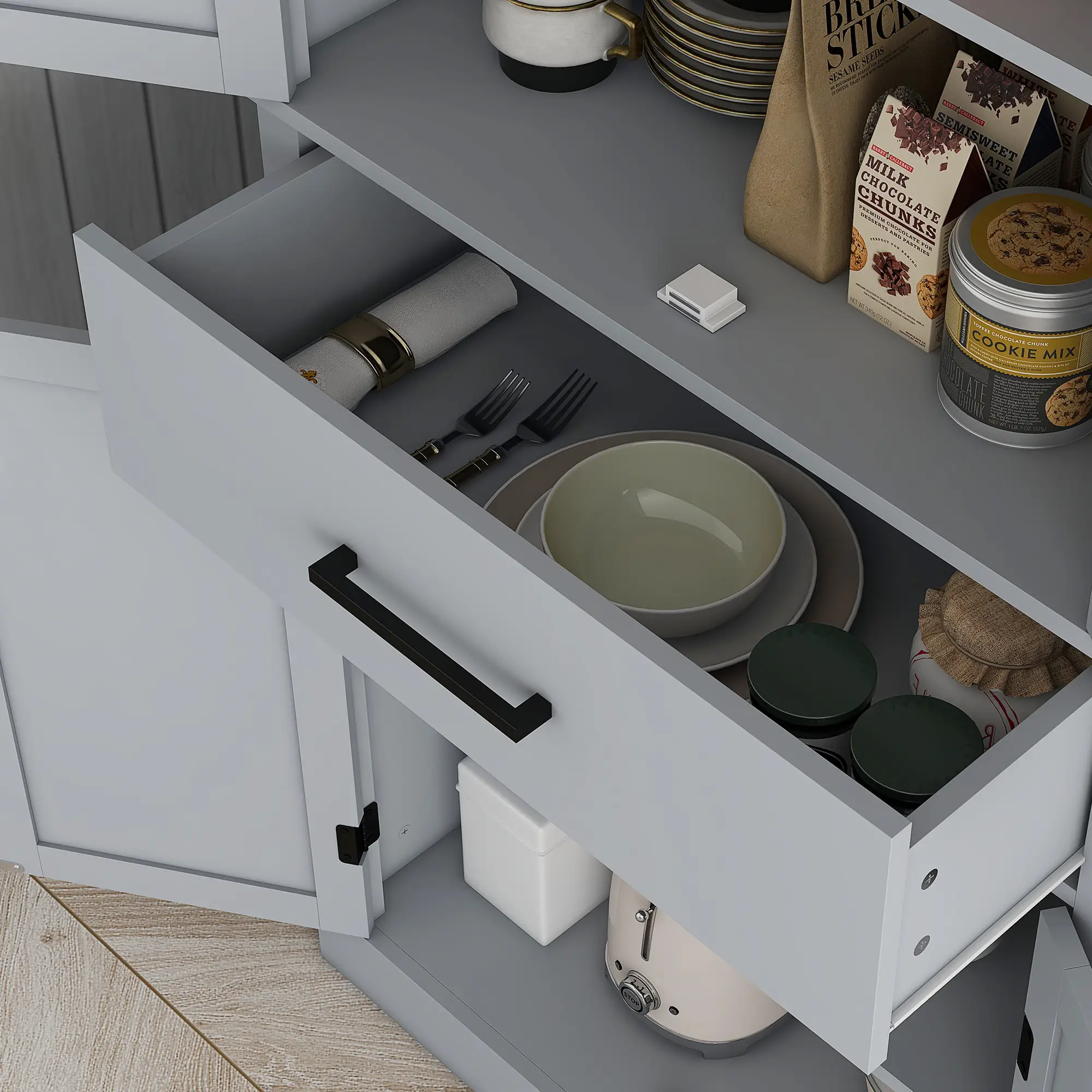 72" Kitchen Storage Cabinet, Farmhouse Pantry, 4 Barn Doors, Drawer, Adjustable Shelves, Grey - Image 10