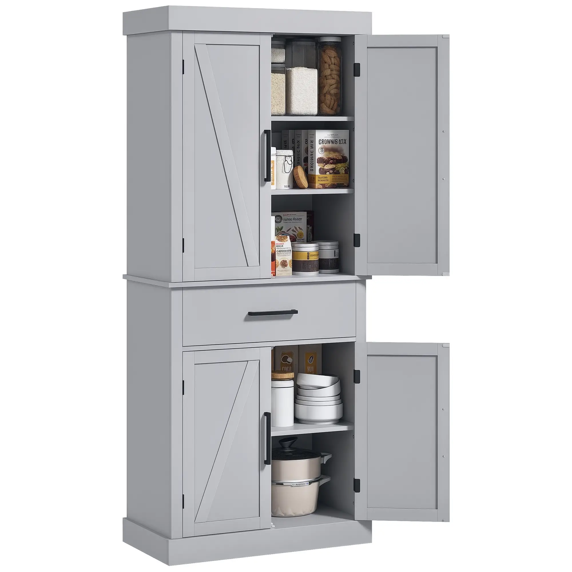72" Kitchen Storage Cabinet, Farmhouse Pantry, 4 Barn Doors, Drawer, Adjustable Shelves, Grey - Image 11