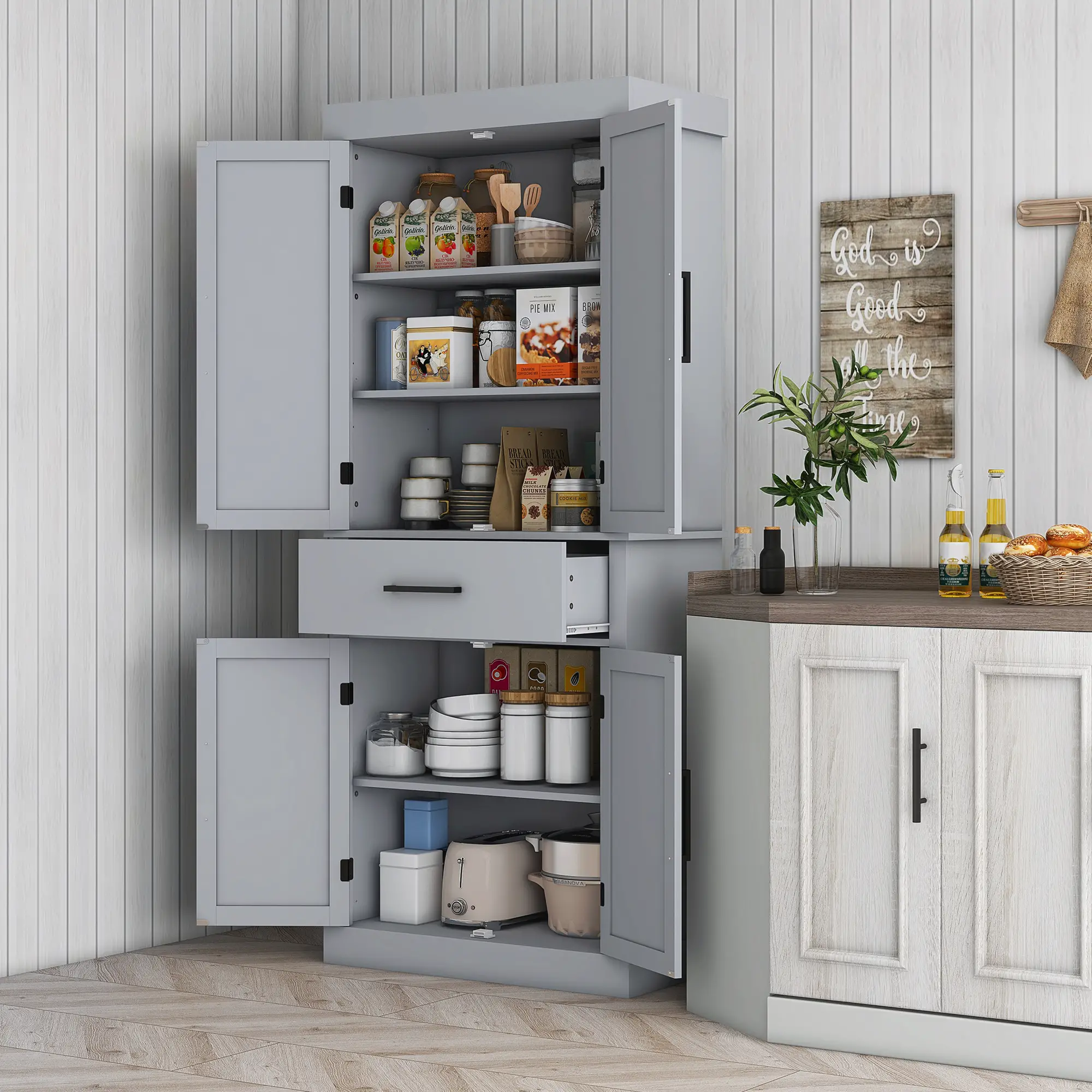 72" Kitchen Storage Cabinet, Farmhouse Pantry, 4 Barn Doors, Drawer, Adjustable Shelves, Grey - Image 2