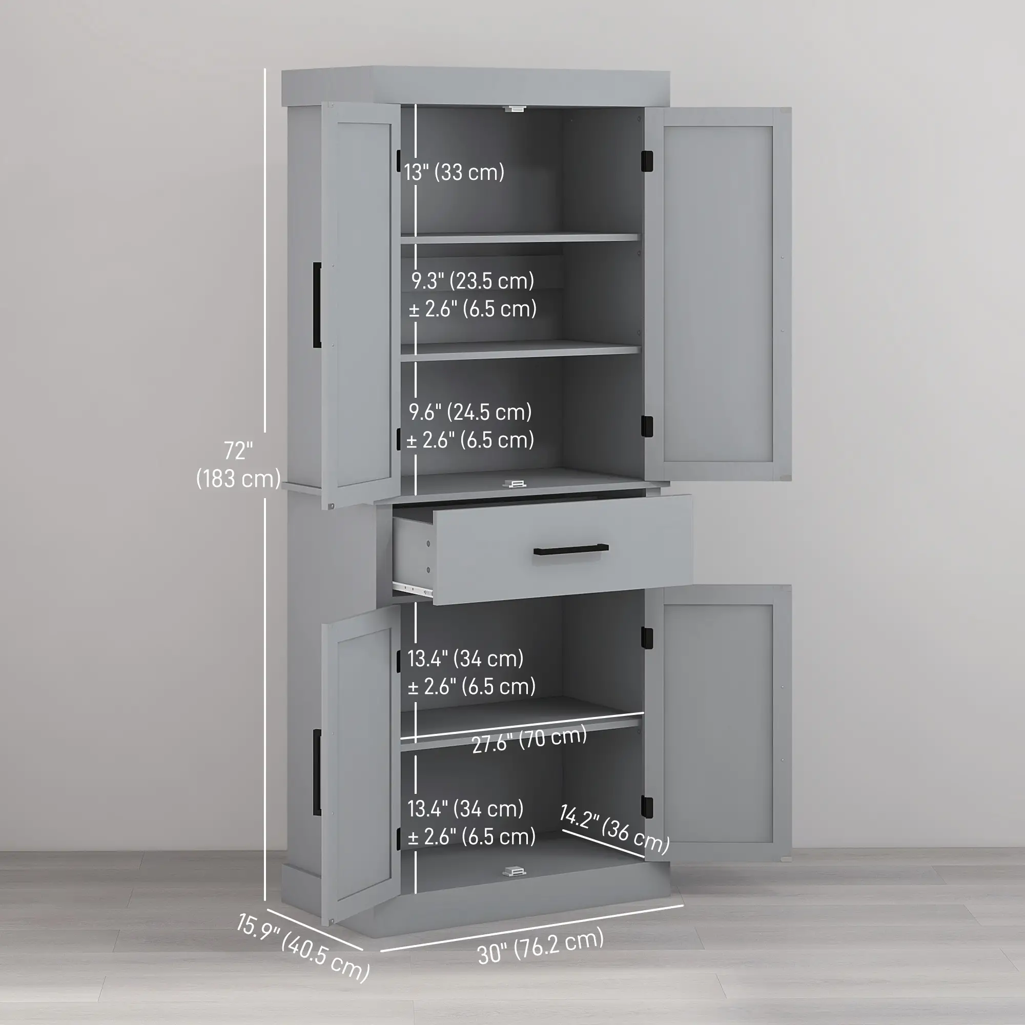 72" Kitchen Storage Cabinet, Farmhouse Pantry, 4 Barn Doors, Drawer, Adjustable Shelves, Grey - Image 3