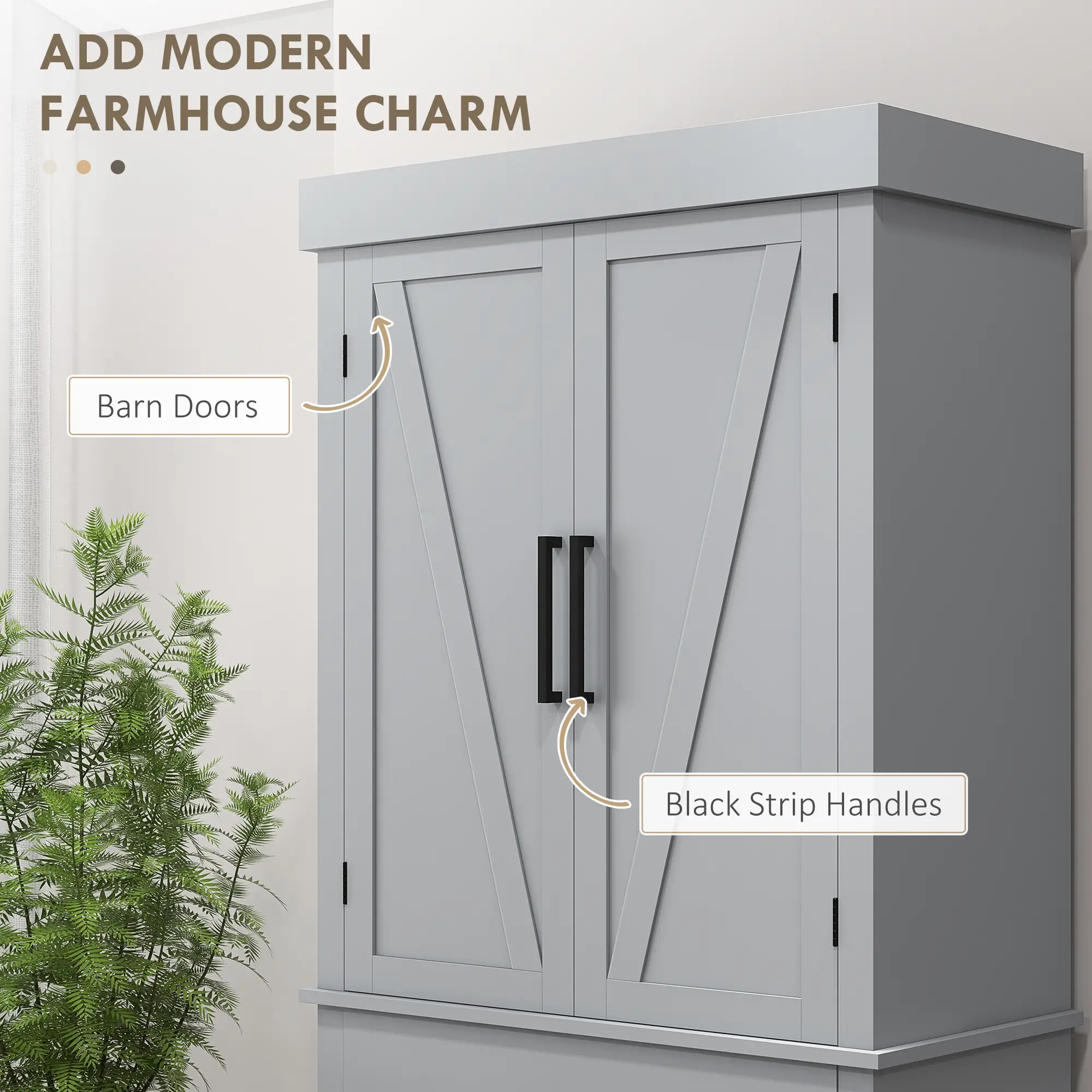 72" Kitchen Storage Cabinet, Farmhouse Pantry, 4 Barn Doors, Drawer, Adjustable Shelves, Grey - Image 4