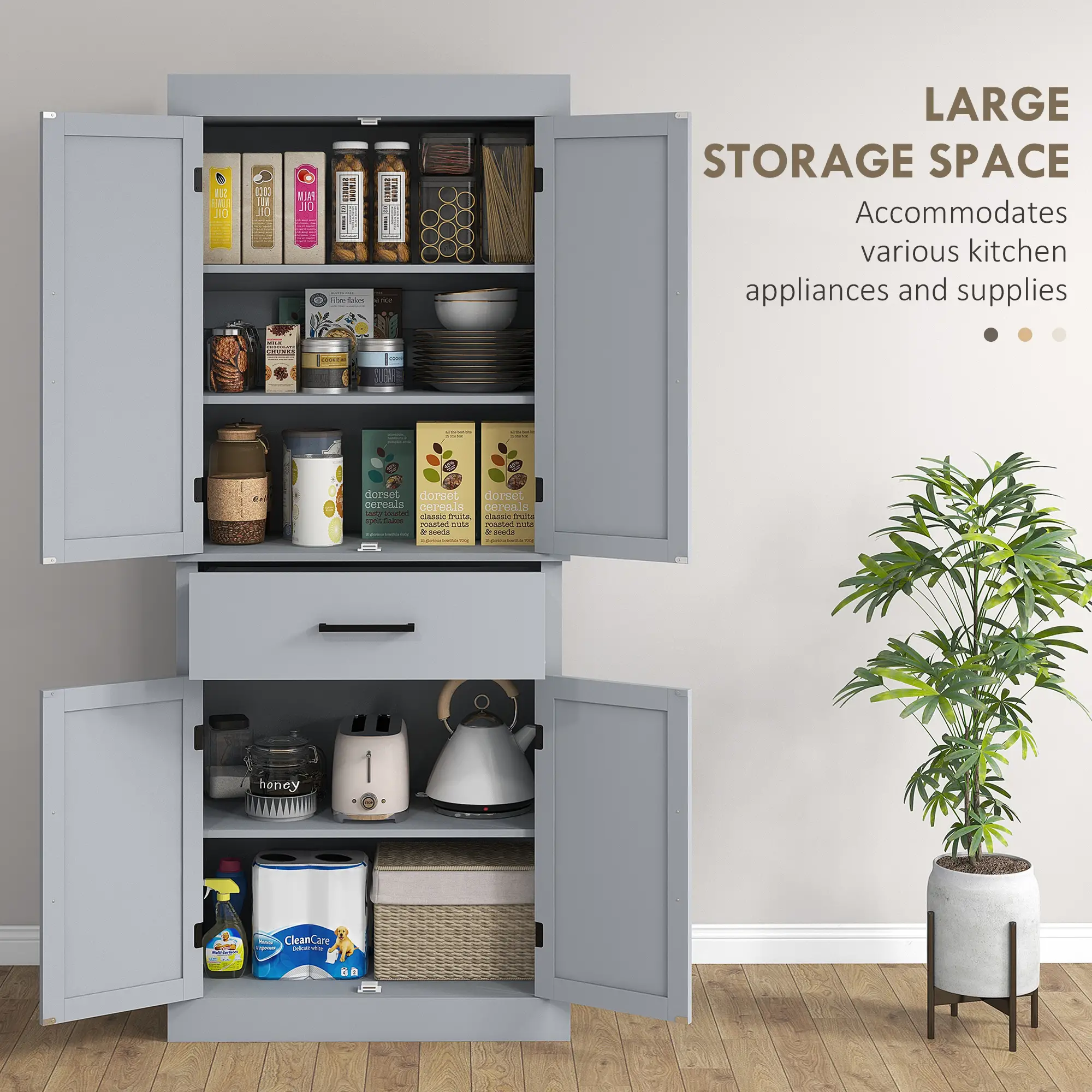 72" Kitchen Storage Cabinet, Farmhouse Pantry, 4 Barn Doors, Drawer, Adjustable Shelves, Grey - Image 5