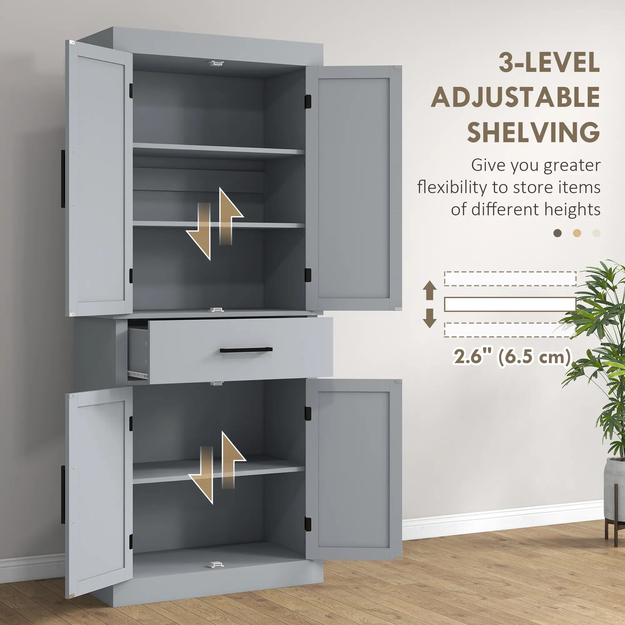 72" Kitchen Storage Cabinet, Farmhouse Pantry, 4 Barn Doors, Drawer, Adjustable Shelves, Grey - Image 6