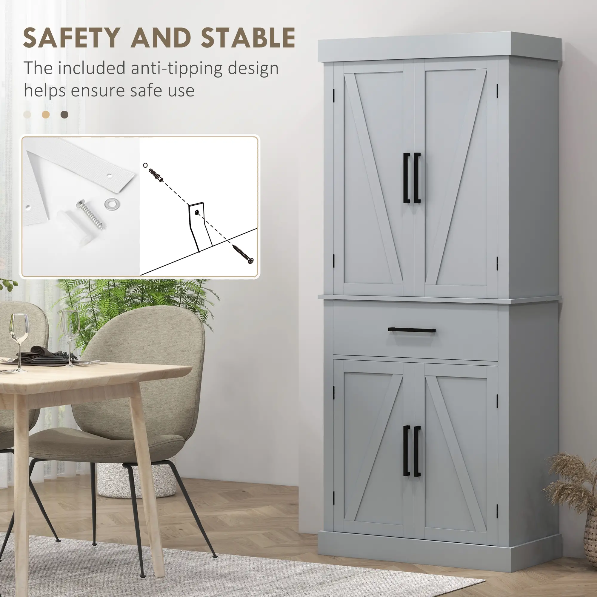 72" Kitchen Storage Cabinet, Farmhouse Pantry, 4 Barn Doors, Drawer, Adjustable Shelves, Grey - Image 7