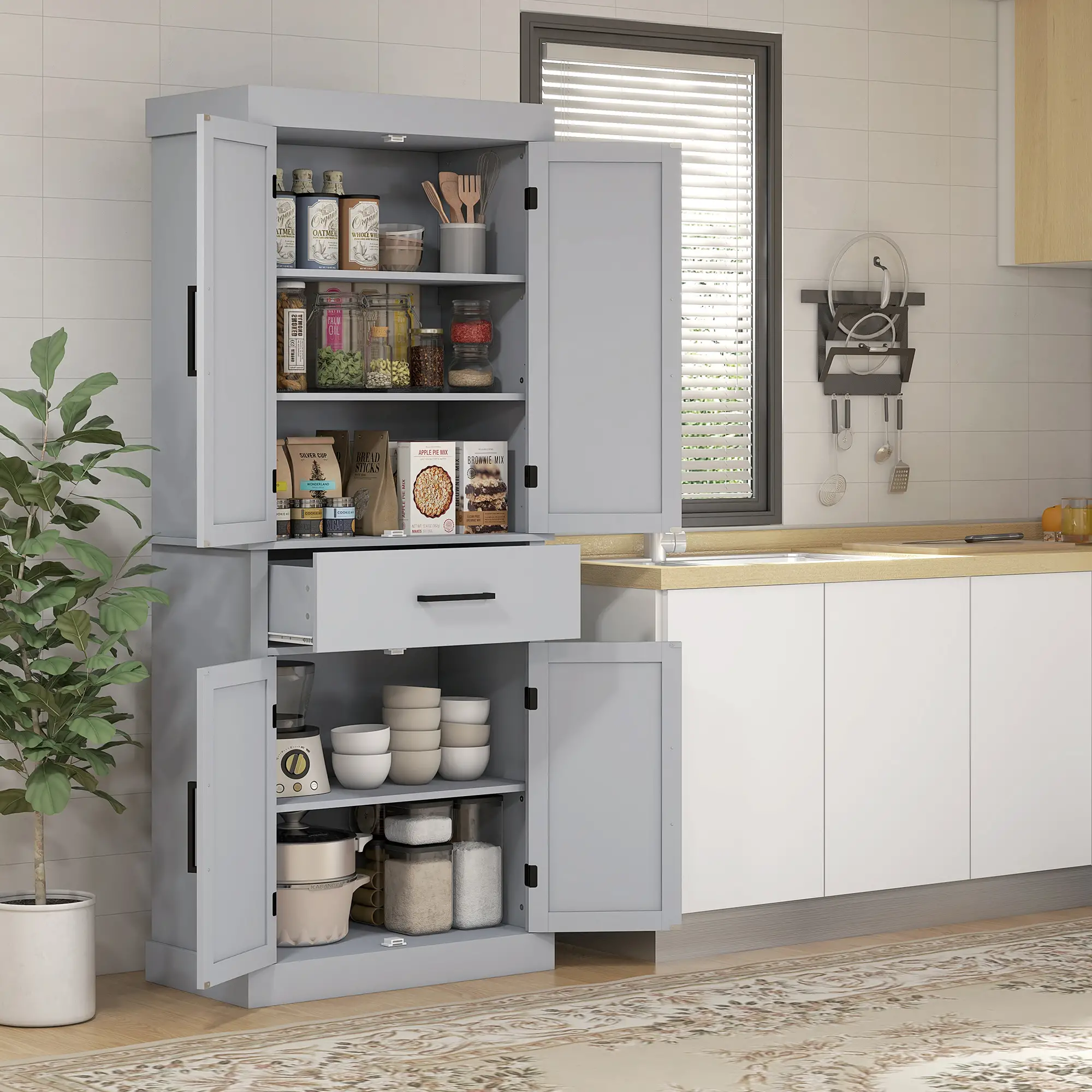 72" Kitchen Storage Cabinet, Farmhouse Pantry, 4 Barn Doors, Drawer, Adjustable Shelves, Grey - Image 8