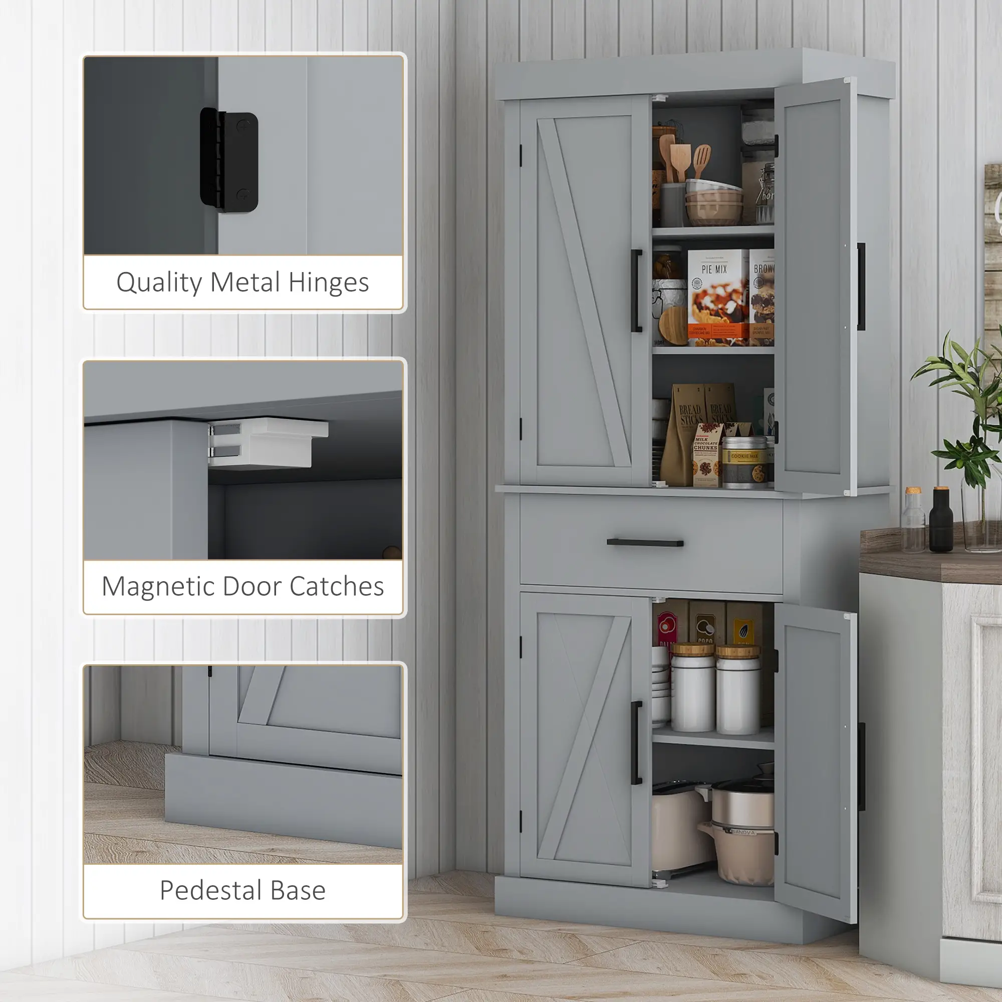 72" Kitchen Storage Cabinet, Farmhouse Pantry, 4 Barn Doors, Drawer, Adjustable Shelves, Grey - Image 9