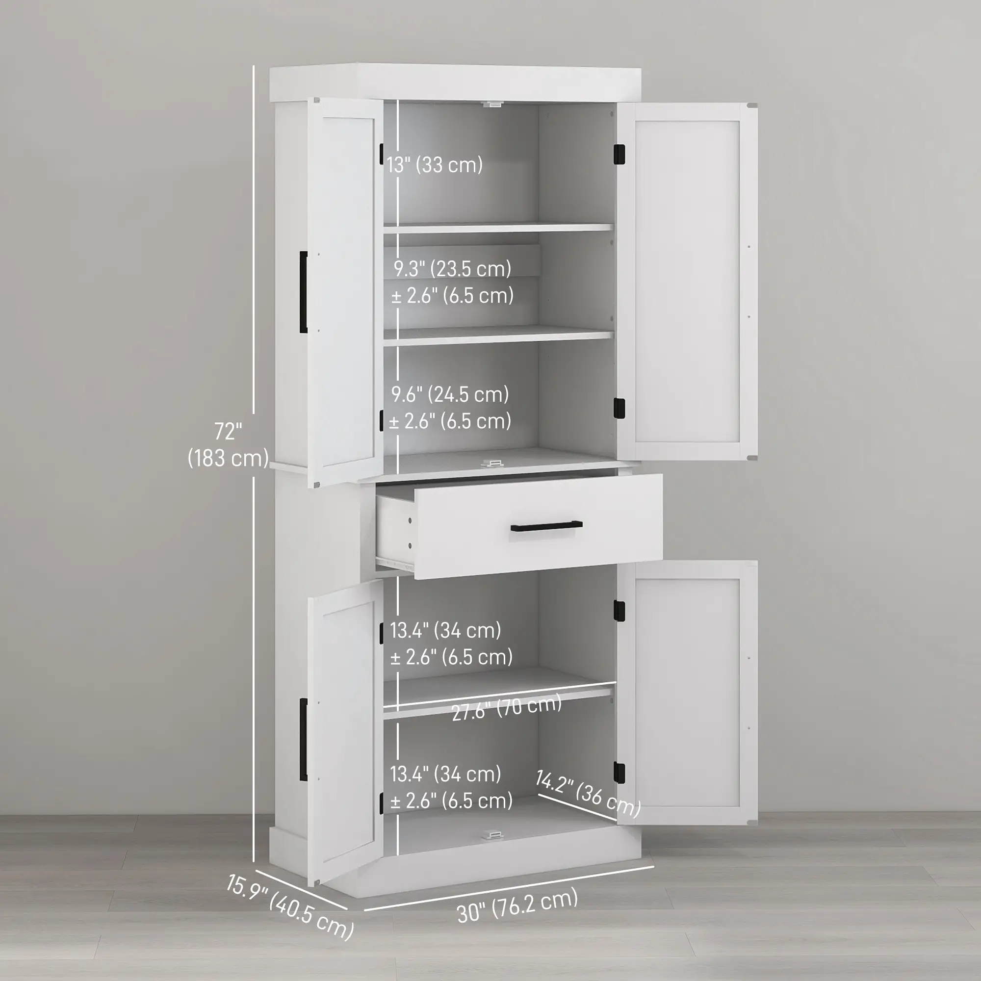 72" Kitchen Storage Cabinet, Farmhouse Pantry, 4 Barn Doors, Drawer, Adjustable Shelves, White - Image 3