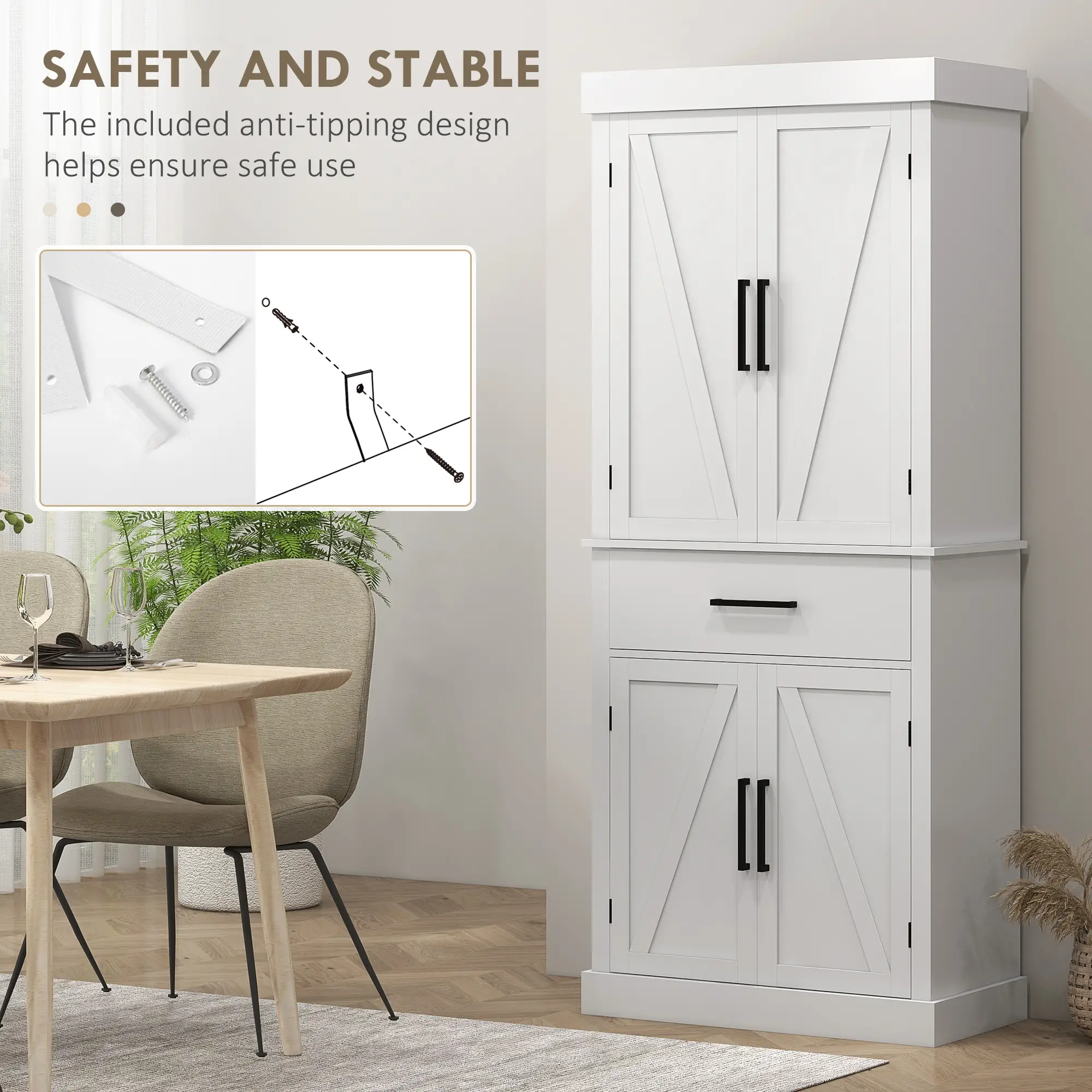 72" Kitchen Storage Cabinet, Farmhouse Pantry, 4 Barn Doors, Drawer, Adjustable Shelves, White - Image 7